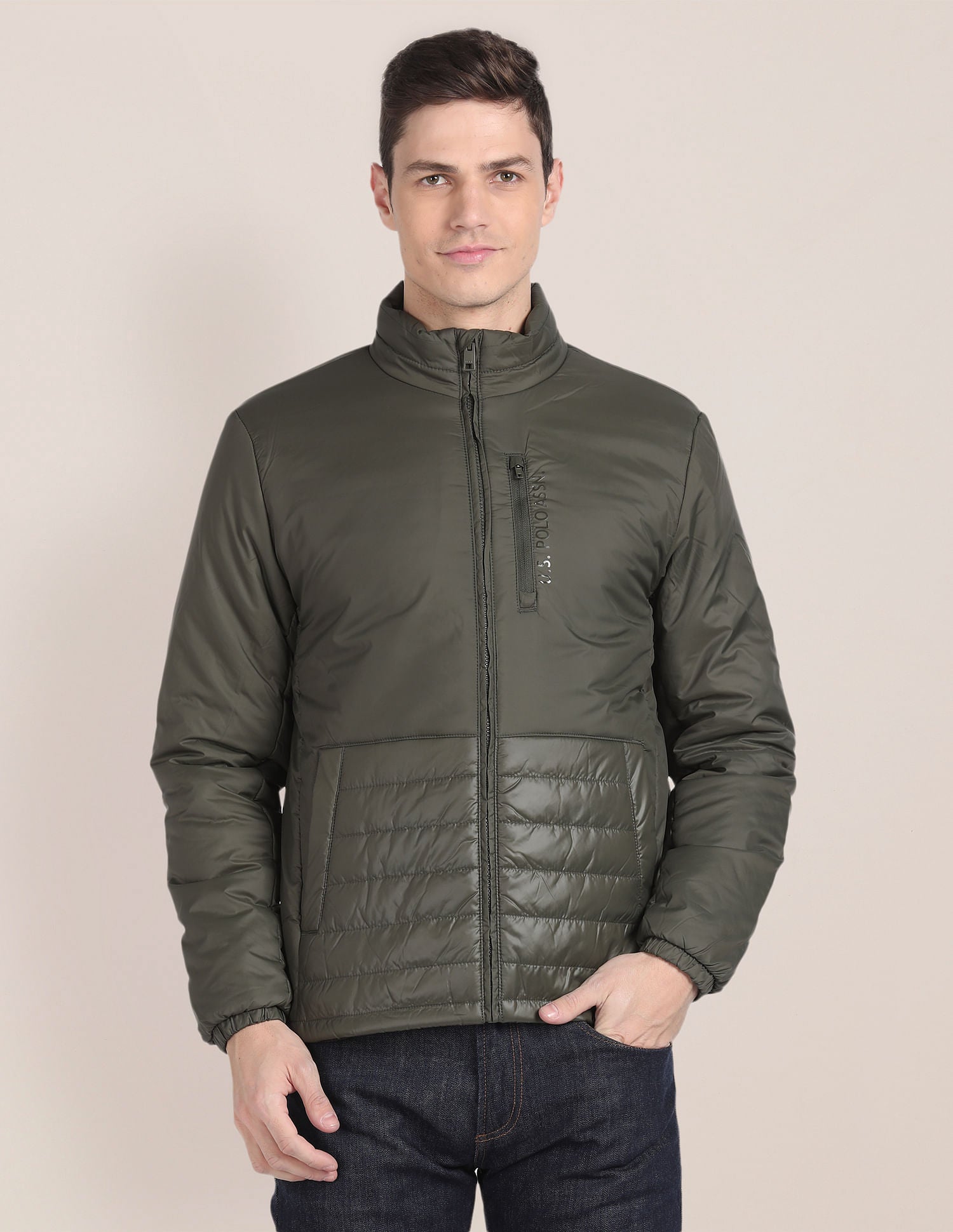 Solid Zip Up Quilted Jacket Olive - U.S. POLO ASSN. | Large