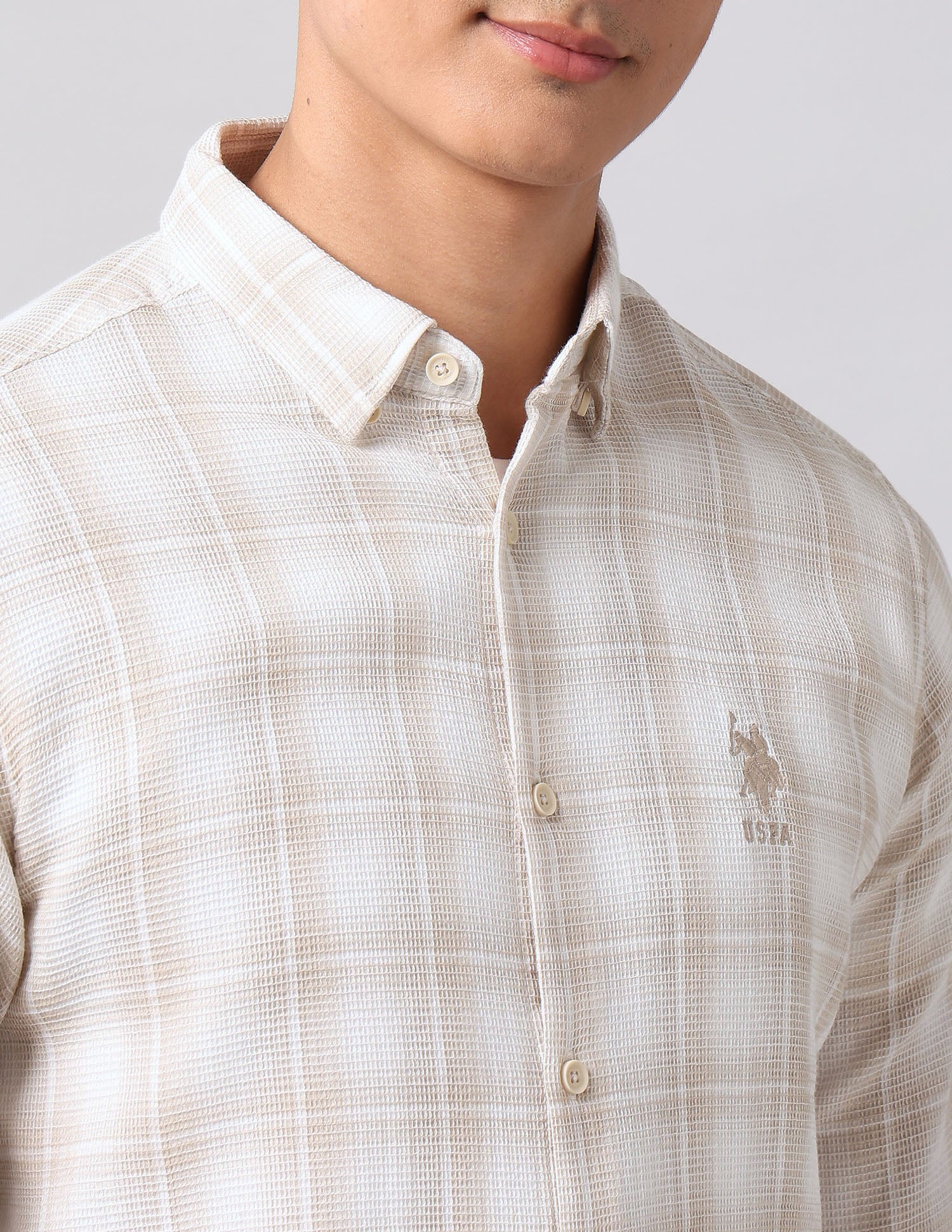 Windowpane Checked Pure Cotton Shirt Ecru - U.S. Polo Assn. India | Large