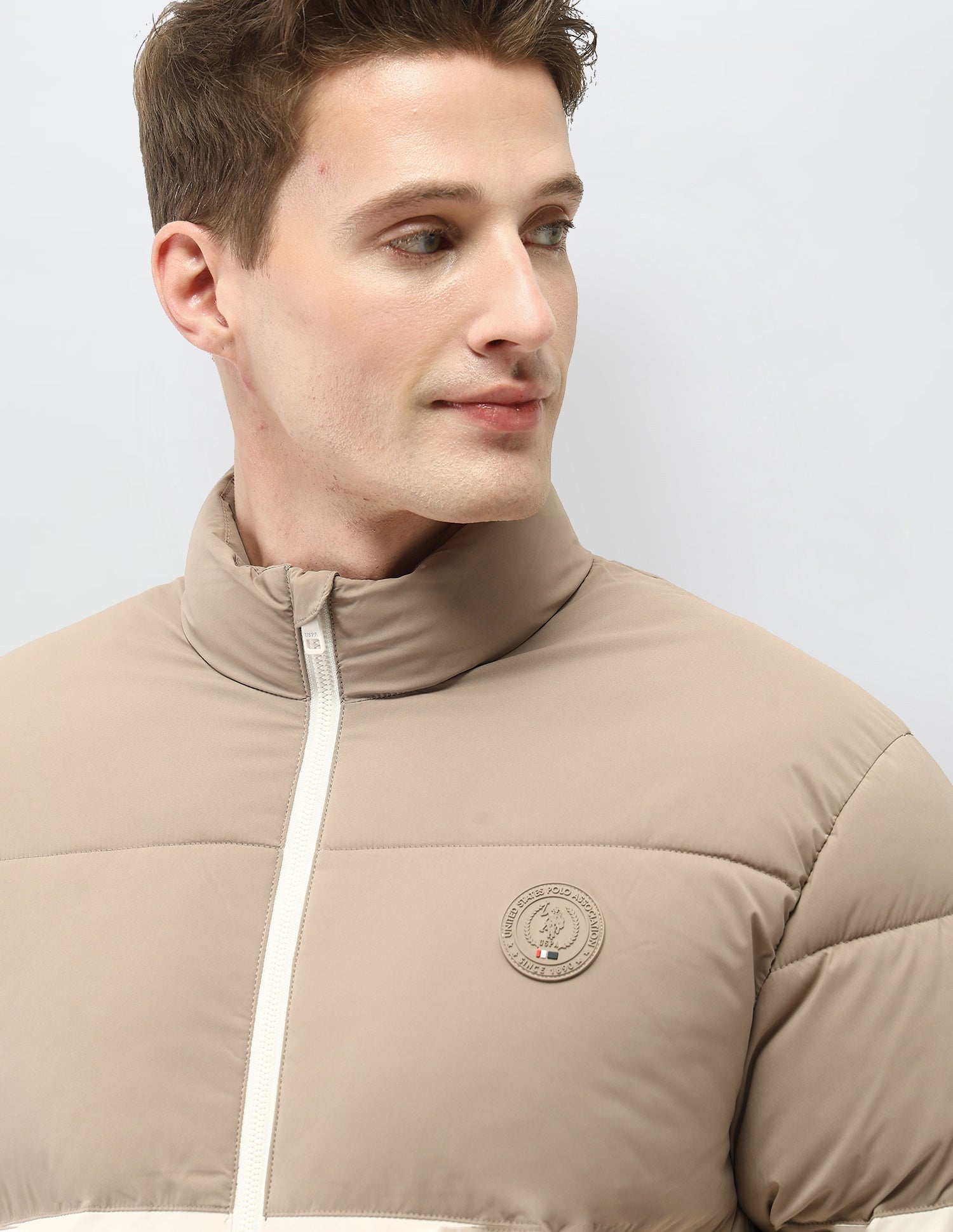 Colour Blocked Regular Fit Puffer Jacket Beige - U.S. Polo Assn. India | Large