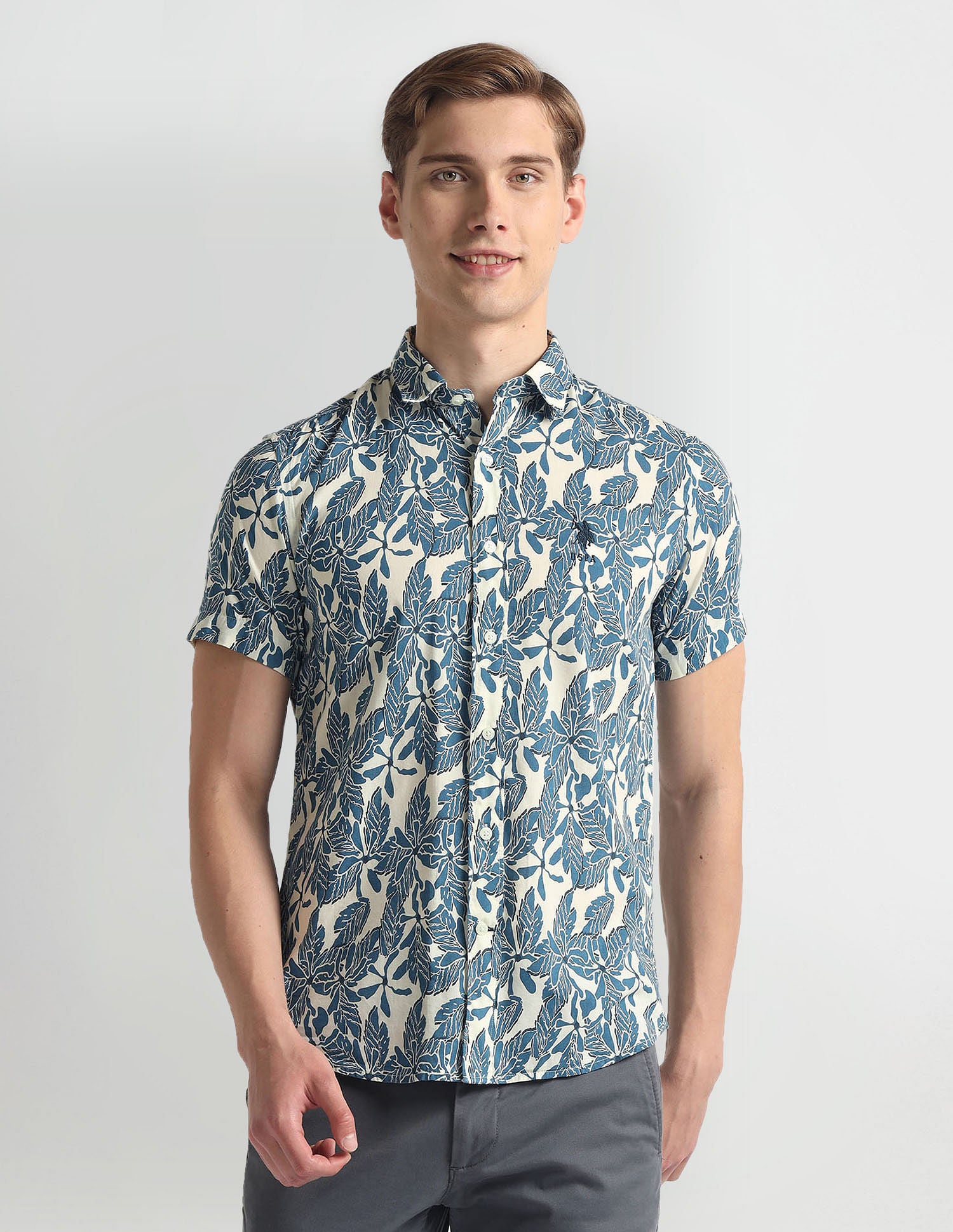 Tropical Print Slim Fit Shirt Blue - U.S. POLO ASSN. | Large