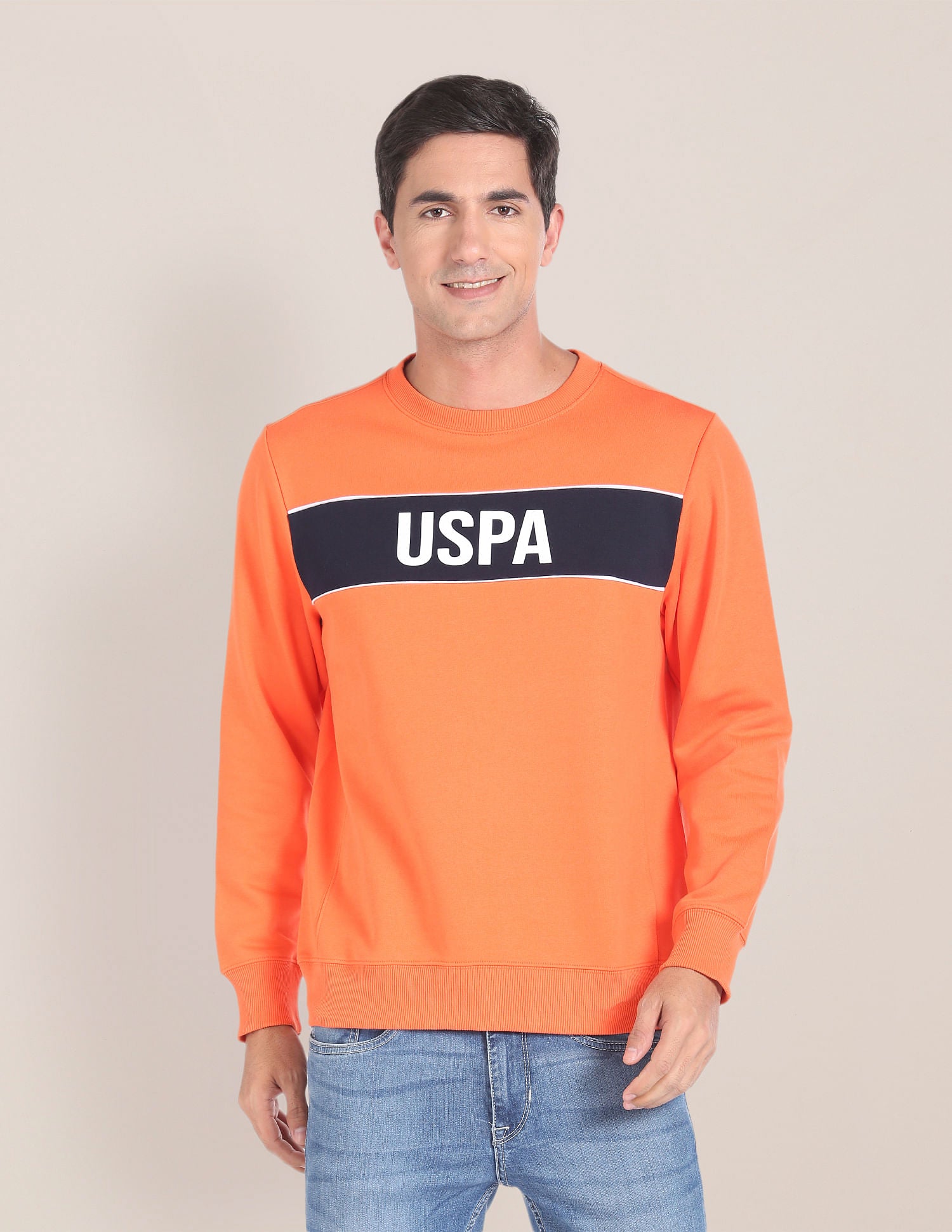 Brand Print Crew Neck Sweatshirt Orange - U.S. POLO ASSN. | Large