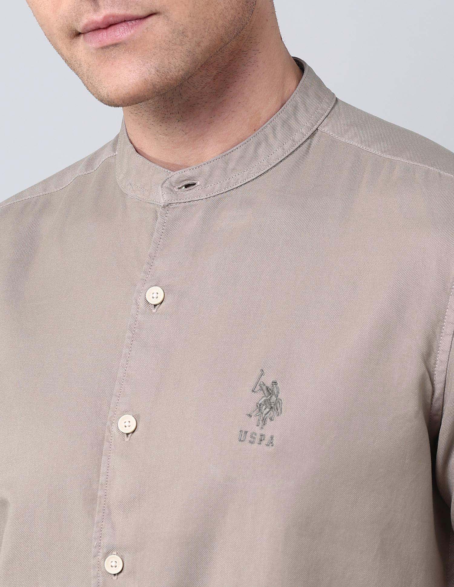 Solid Pure Cotton Twill Shirt Khaki - U.S. Polo Assn. India | Large