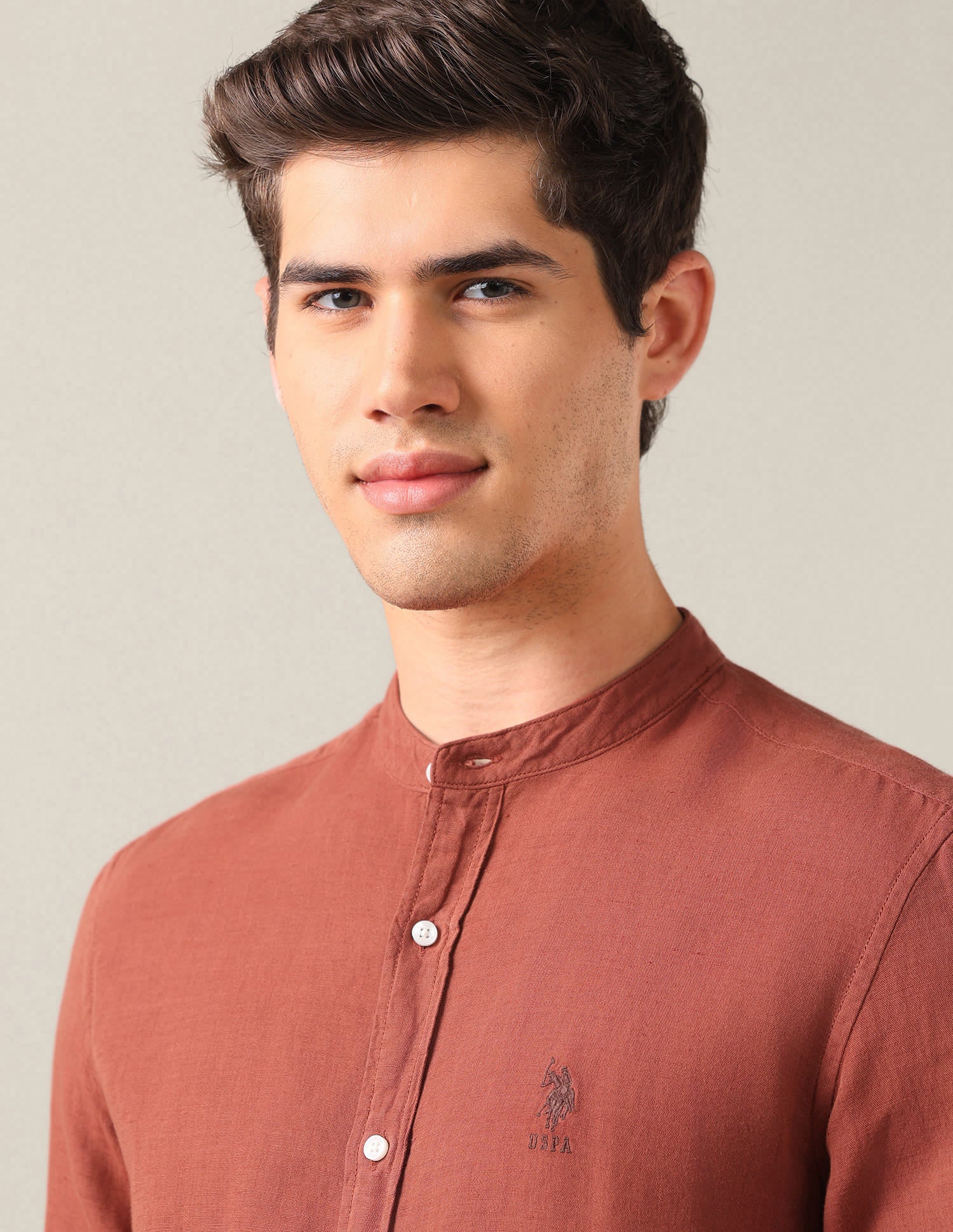 Solid Mandarin Shirt Brown - U.S. Polo Assn. India | Large