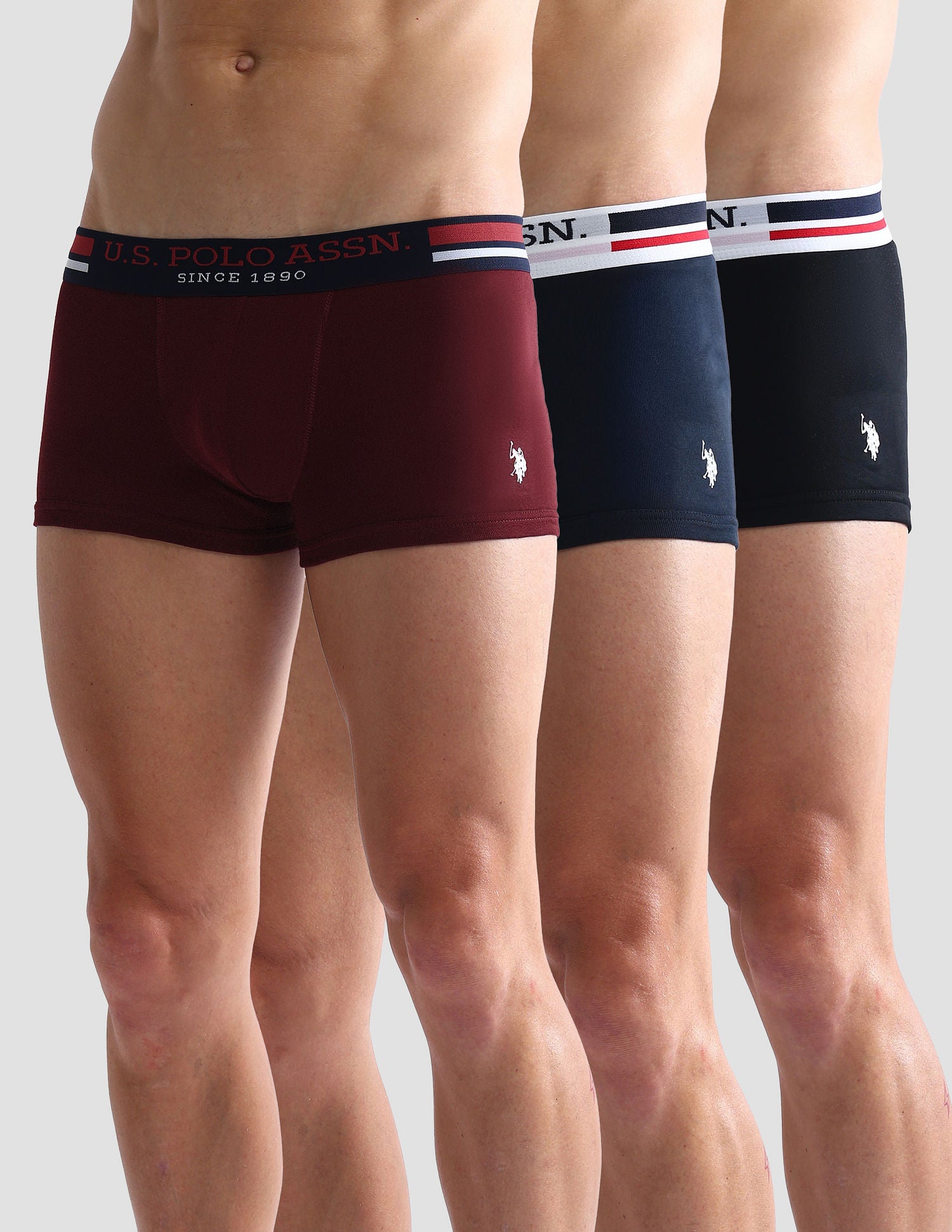 Elastic Waistband Ribbed I641 Trunks - Pack Of 3 Maroon, Black and Navy - U.S. POLO ASSN. | Large