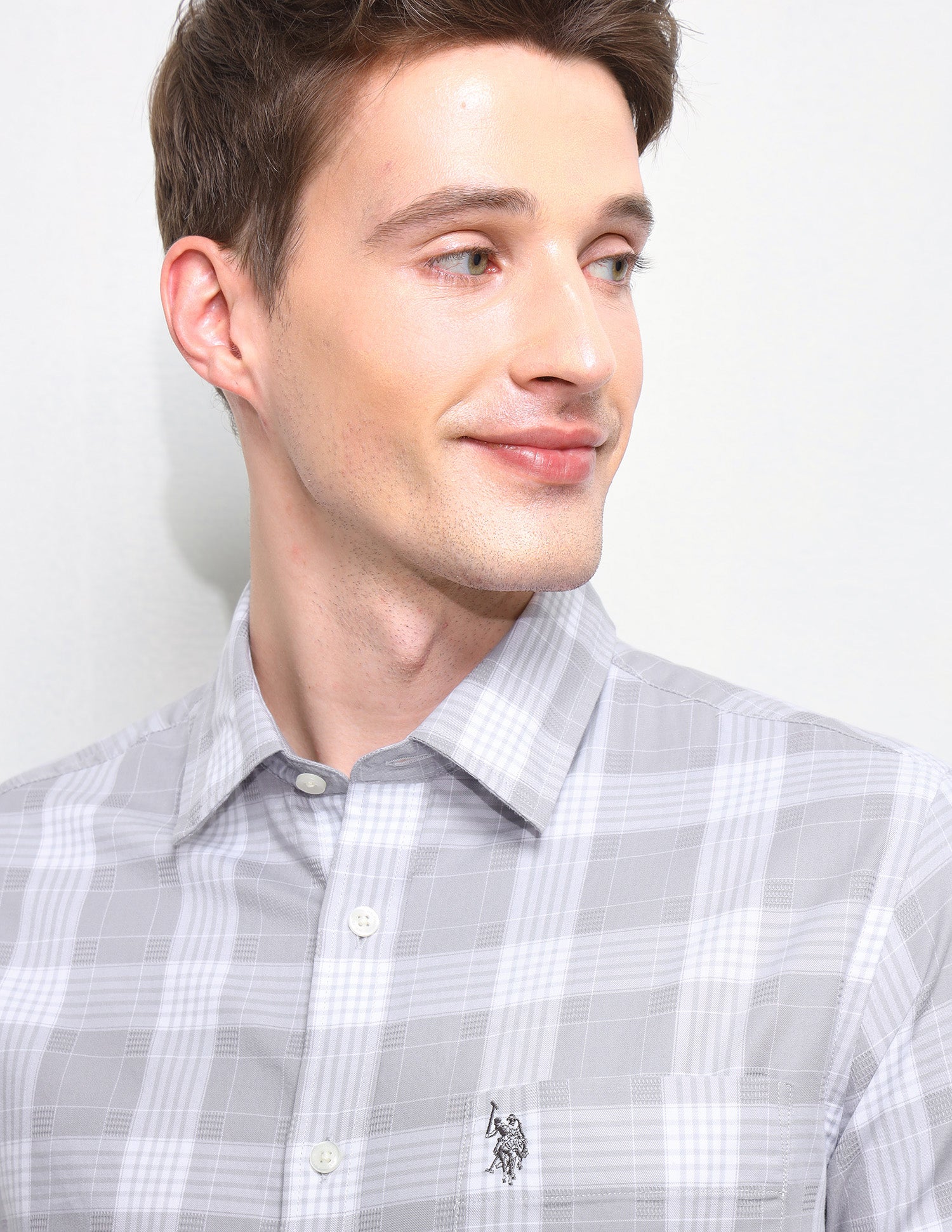 Twill Regular Fit Grid Tattersall Checked Shirt Light Grey - U.S. Polo Assn. India | Large