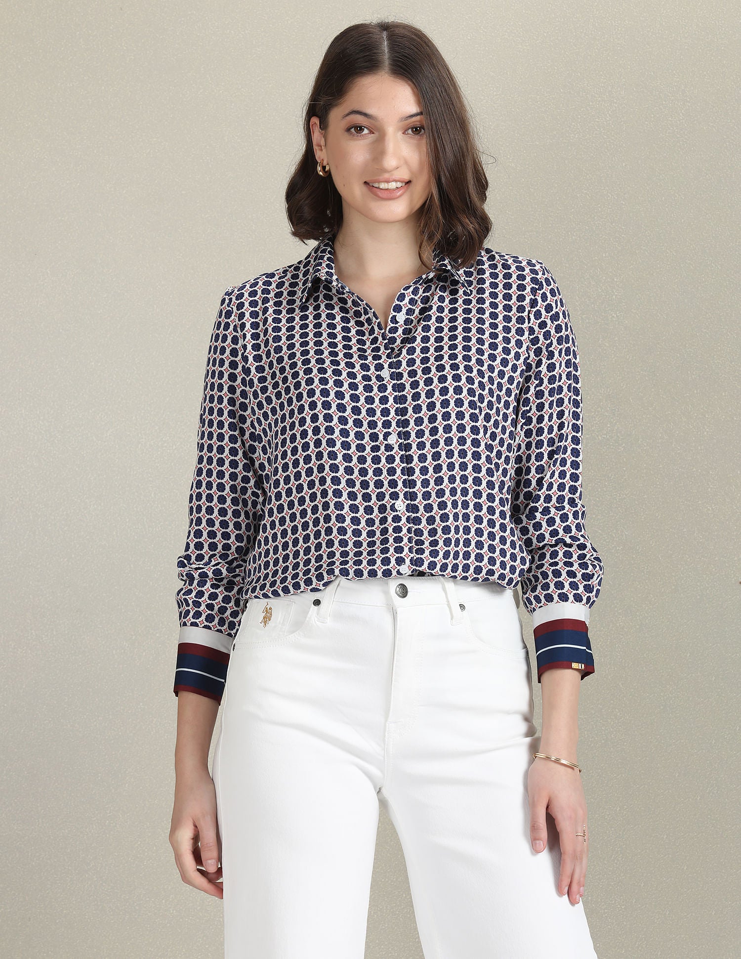 Spread Collar Geometric Print Shirt Blue, White and Red - U.S. Polo Assn. India | Large