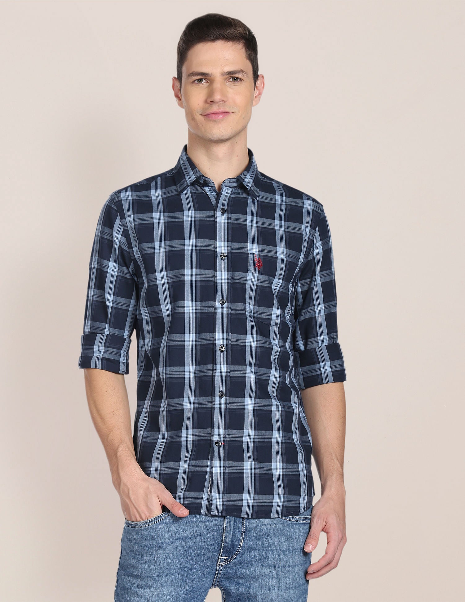 Spread Collar Tartan Check Shirt Dark Blue - U.S. Polo Assn. India | Large