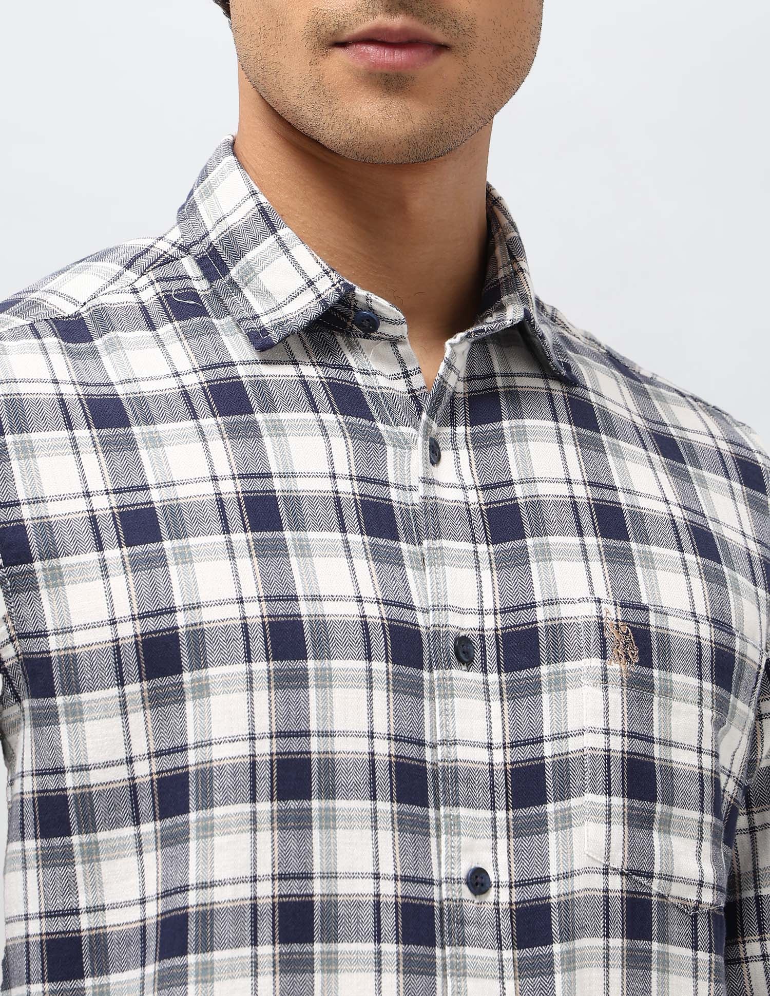 Tartan Checked Herringbone Shirt Dark Blue - U.S. POLO ASSN. | Large