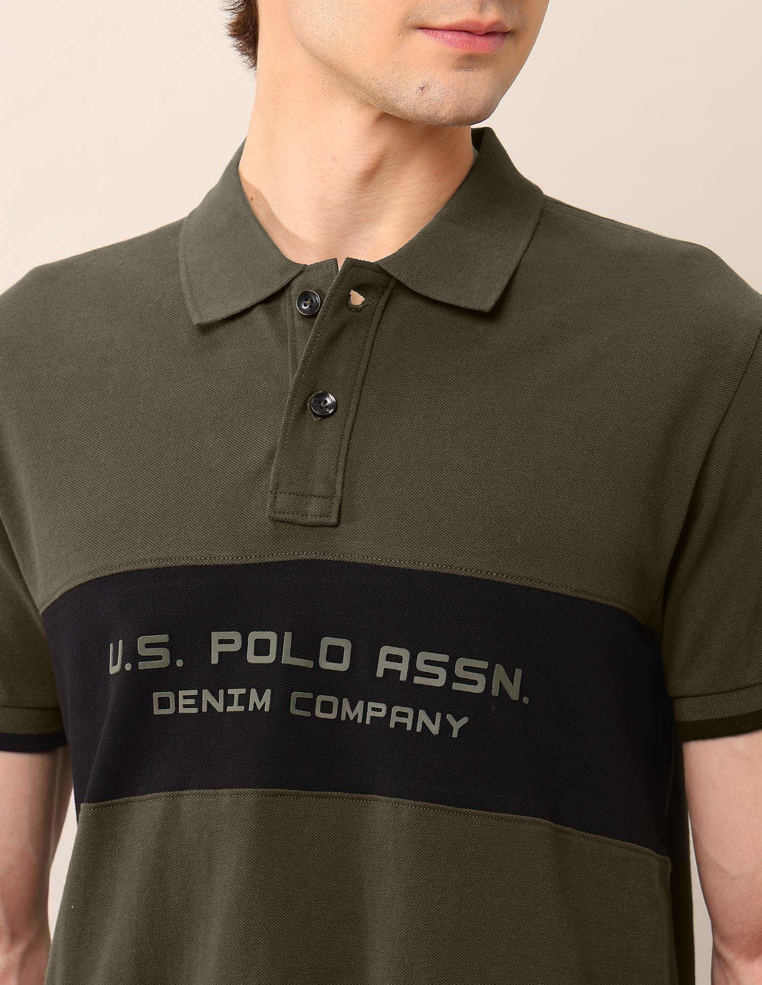 Brand Printed Pure Cotton Polo Shirt Olive - U.S. Polo Assn. India | Large