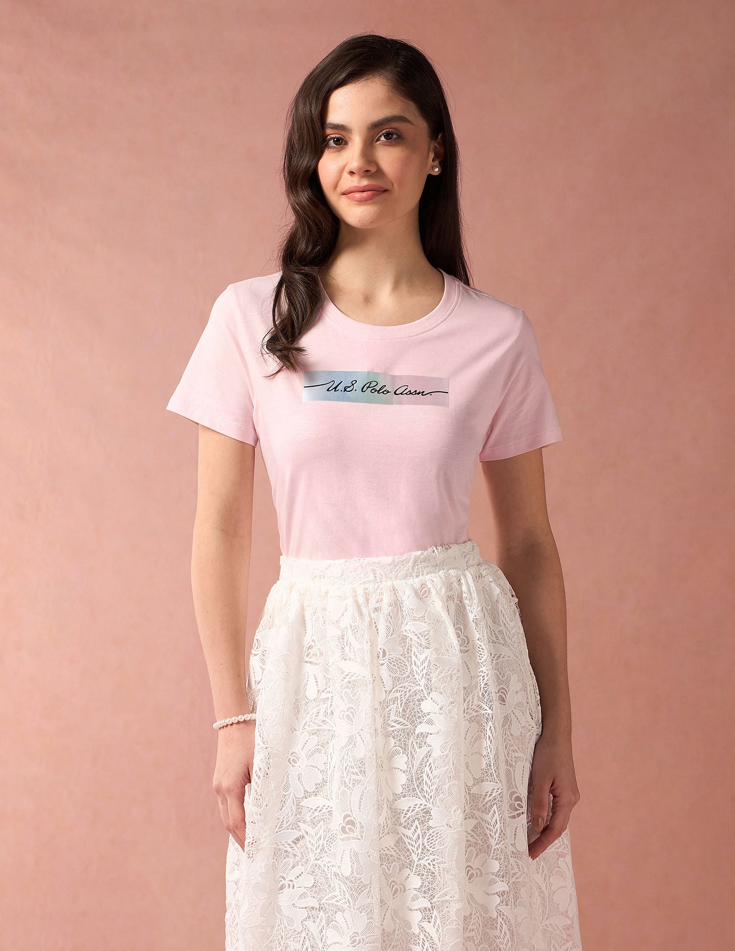 Rainbow Sticker Print Cotton T-Shirt Light Pink - U.S. POLO ASSN. | Large