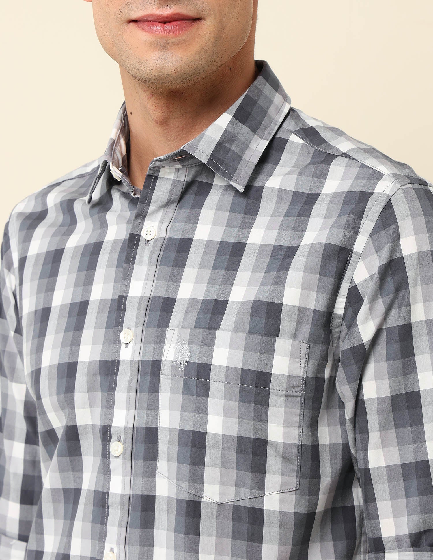 Grid Tattersall Checked Tailored Fit Shirt Light Grey - U.S. POLO ASSN. | Large