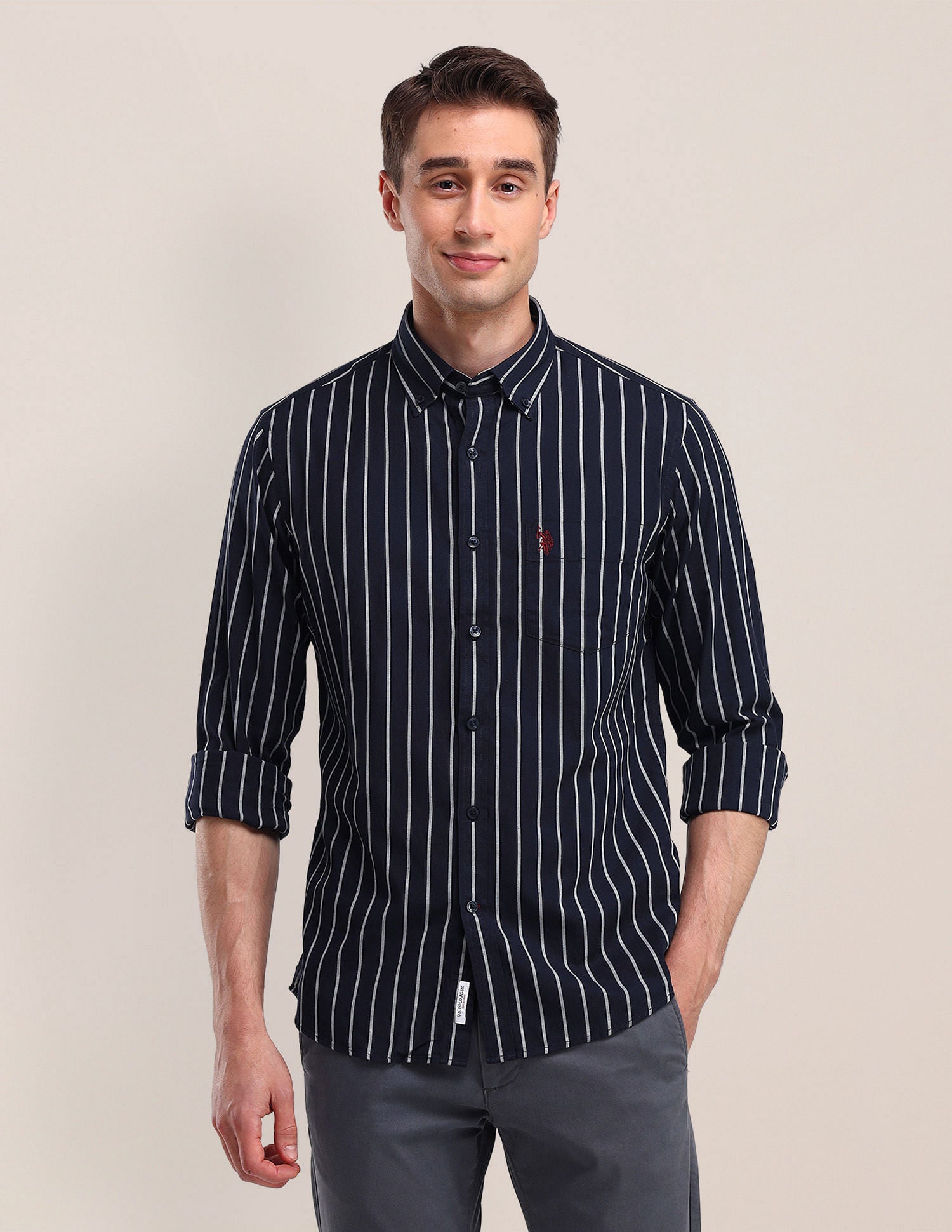 Tailored Fit Cotton Striped Shirt Navy - U.S. POLO ASSN. | Large