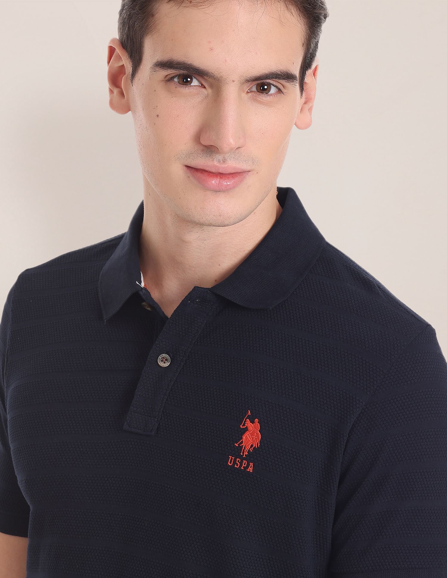 Horizontal Stripe Popcorn Polo Shirt Navy - U.S. Polo Assn. India | Large