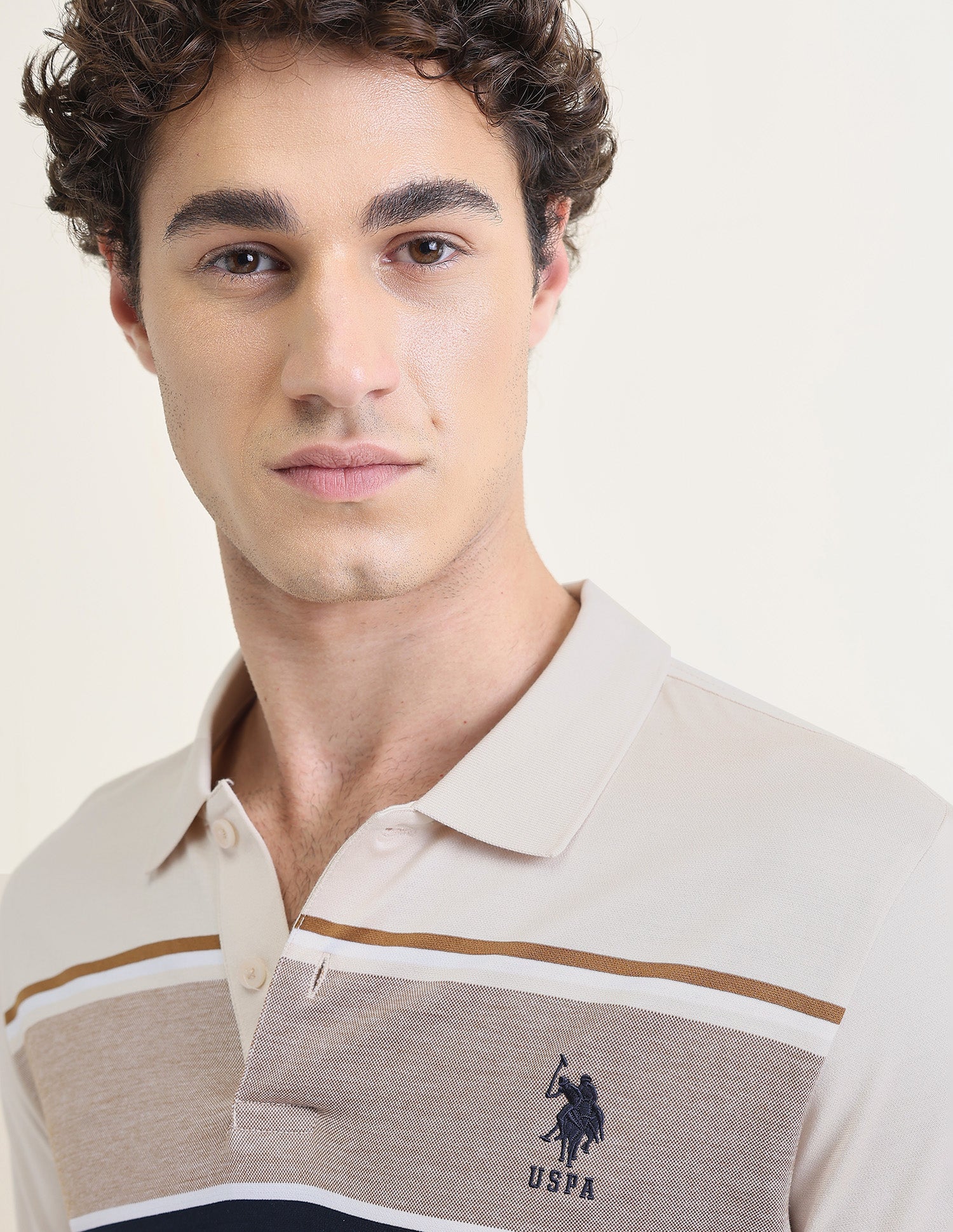 Horizontal Striped Slim Fit Polo Shirt Beige - U.S. Polo Assn. India | Large