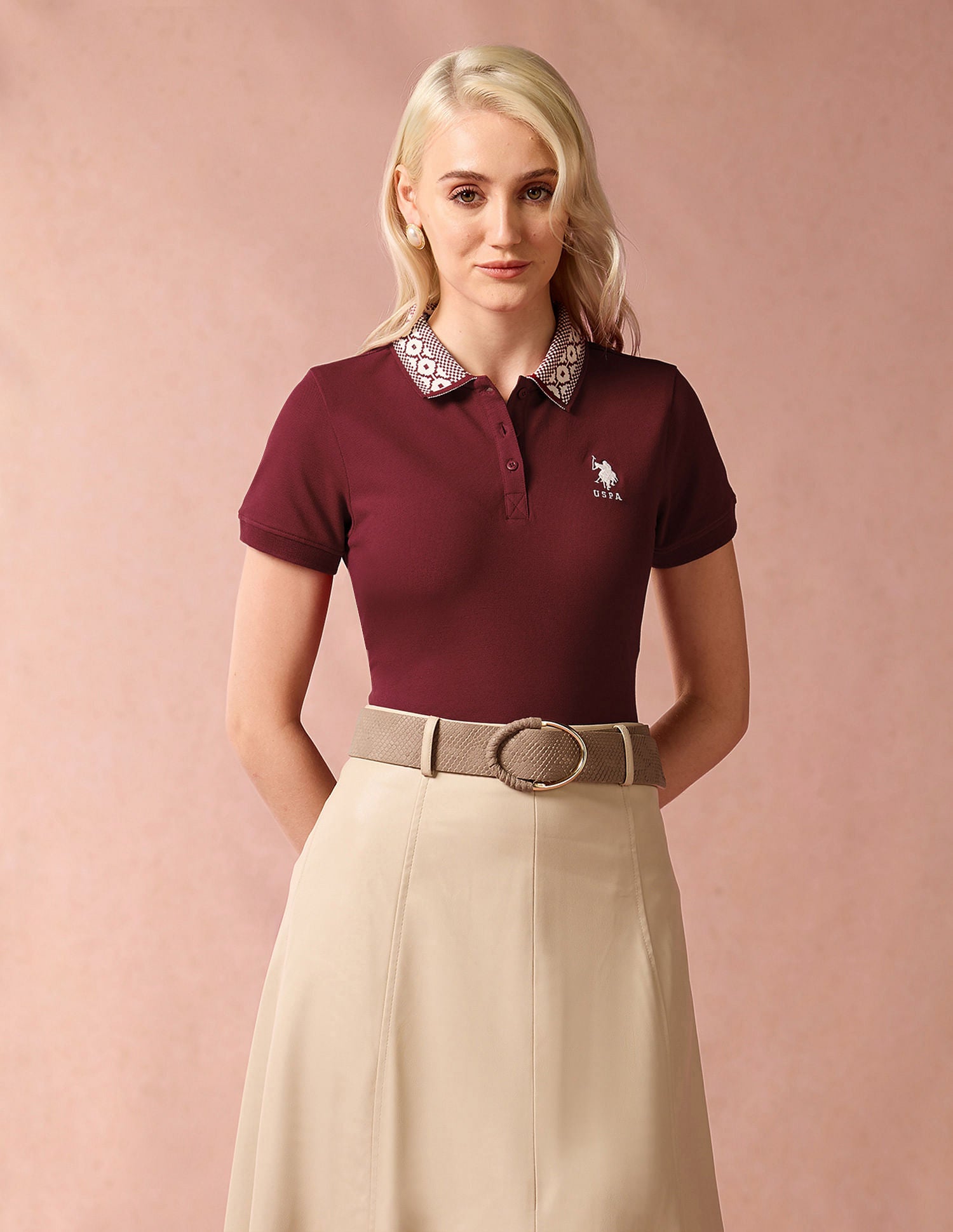 Jacquard Collar Polo Shirt Maroon - U.S. POLO ASSN. | Large