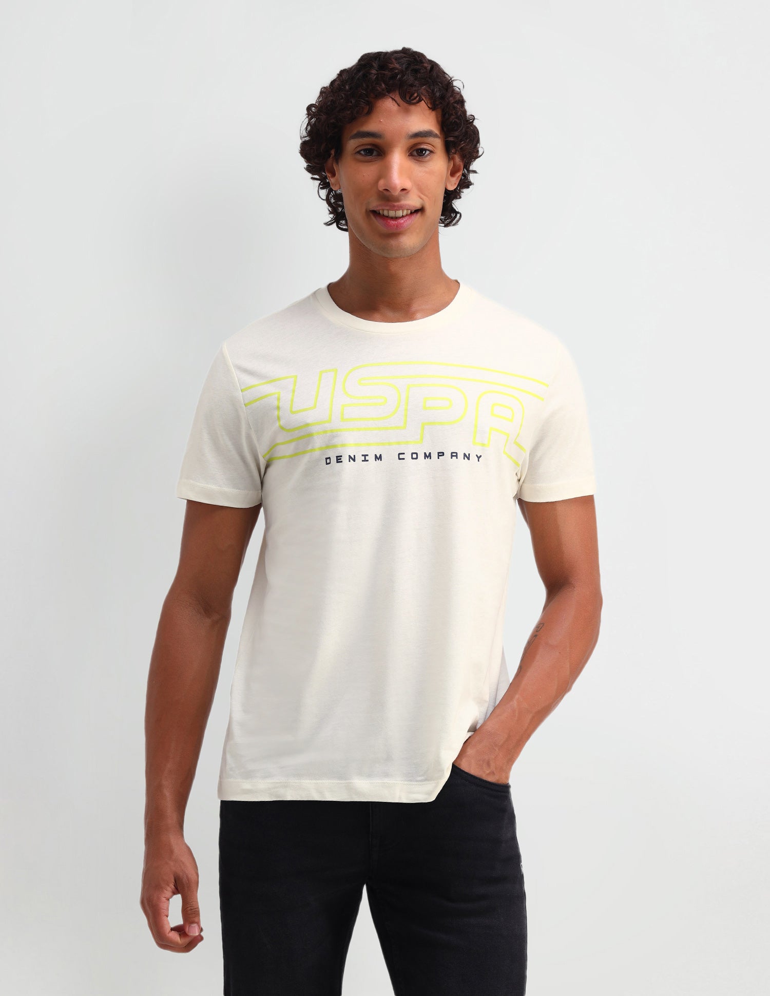 Brand Printed Muscle Fit T-Shirt Uspa Ivory - U.S. Polo Assn. India | Large