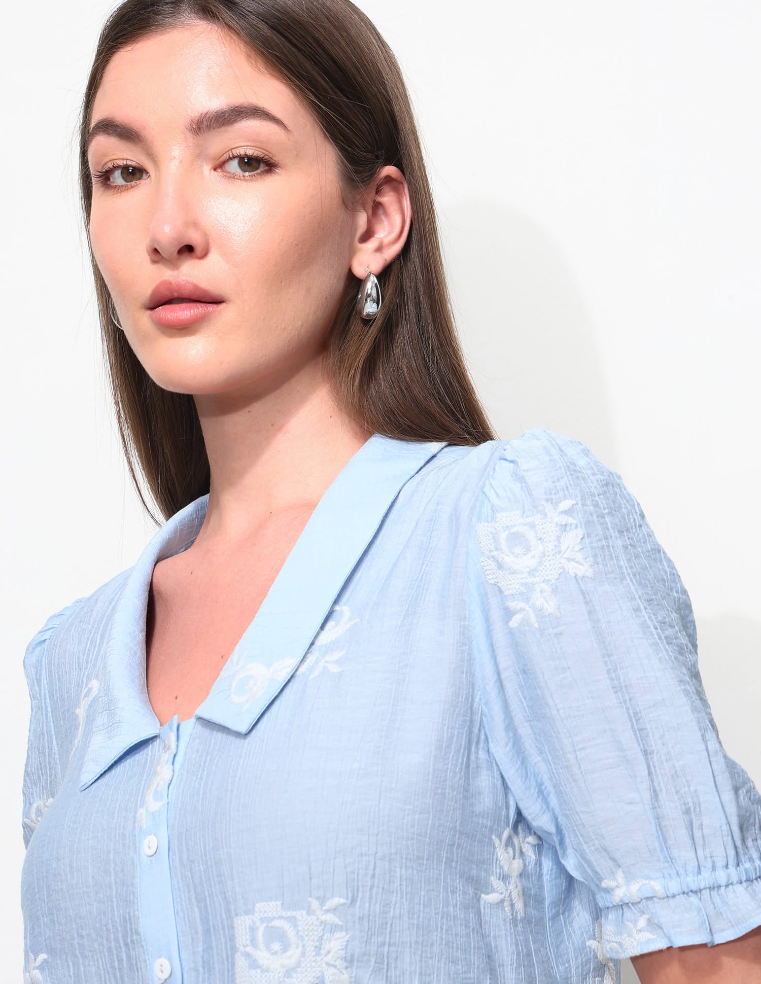 Flat Collar Floral Embroidered Top Blue - U.S. Polo Assn. India | Large