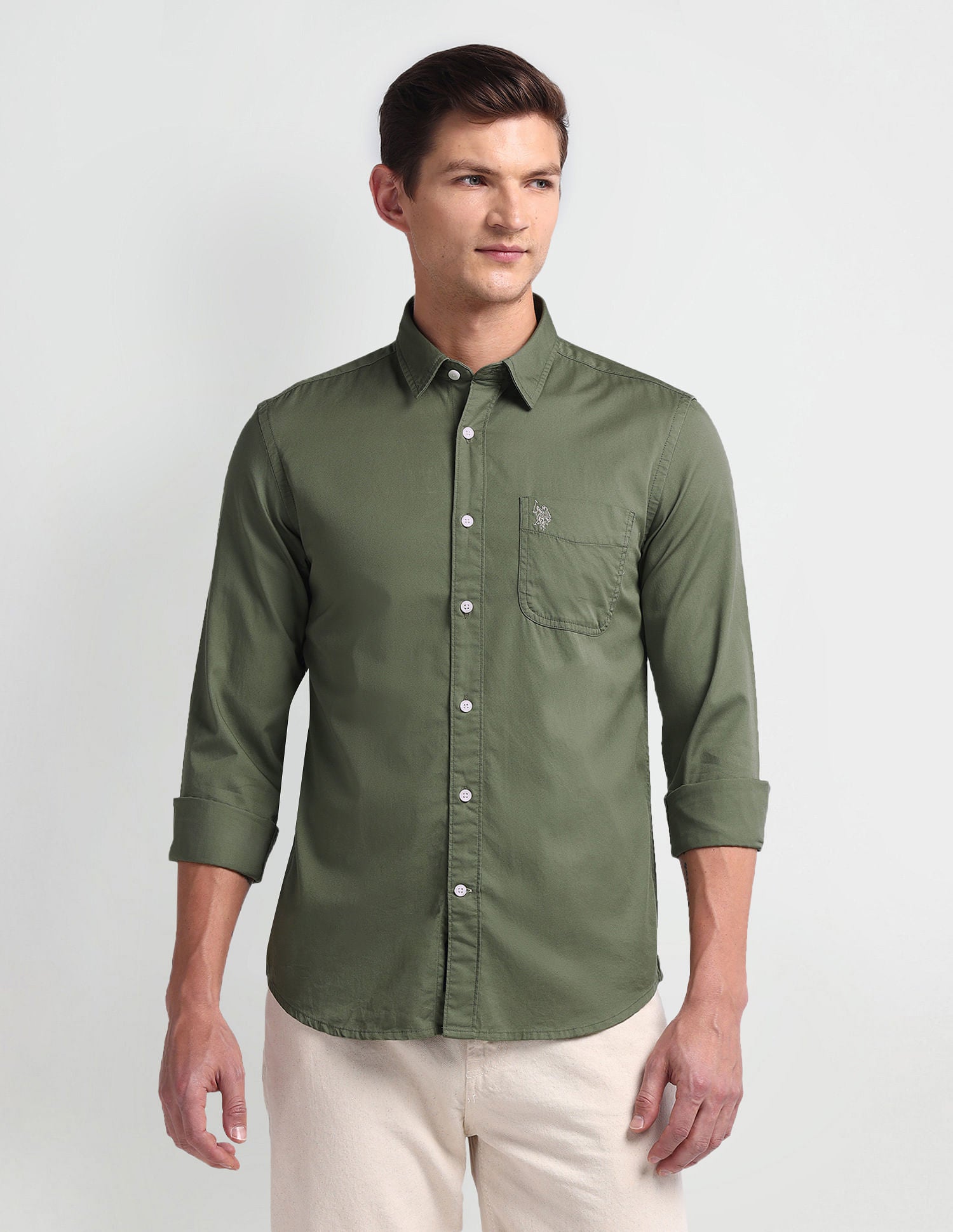 Semi Cutaway Collar Slim Fit Shirt Green - U.S. Polo Assn. India | Large