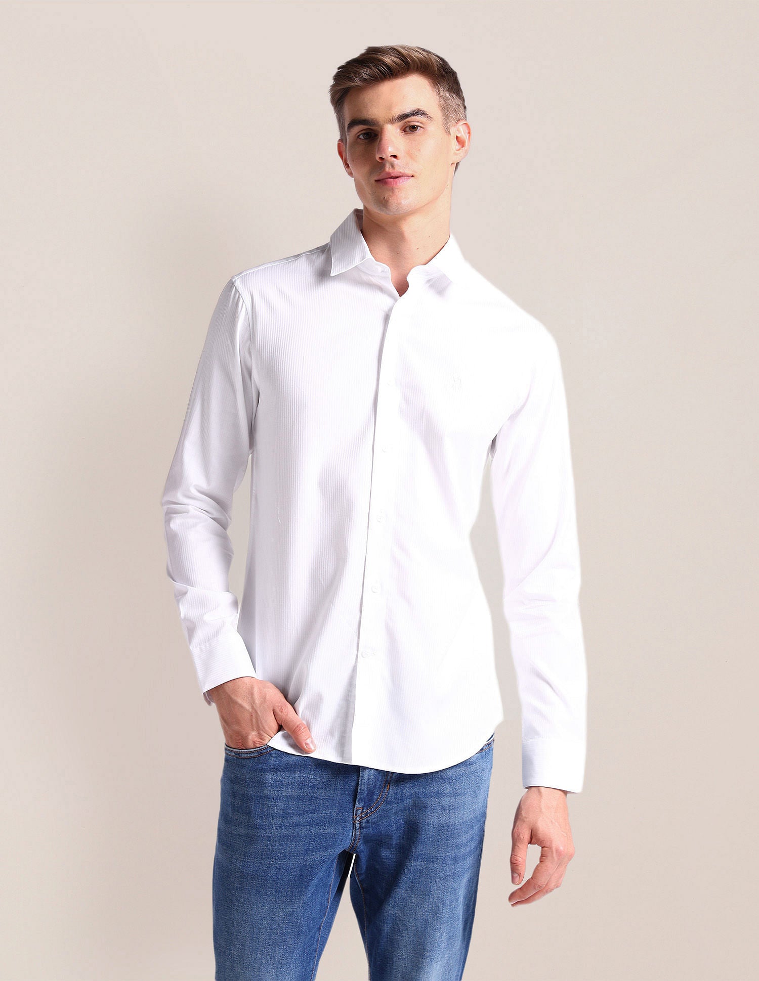 Semi Cutaway Collar Vertical Stripe Shirt White - U.S. Polo Assn. India | Large