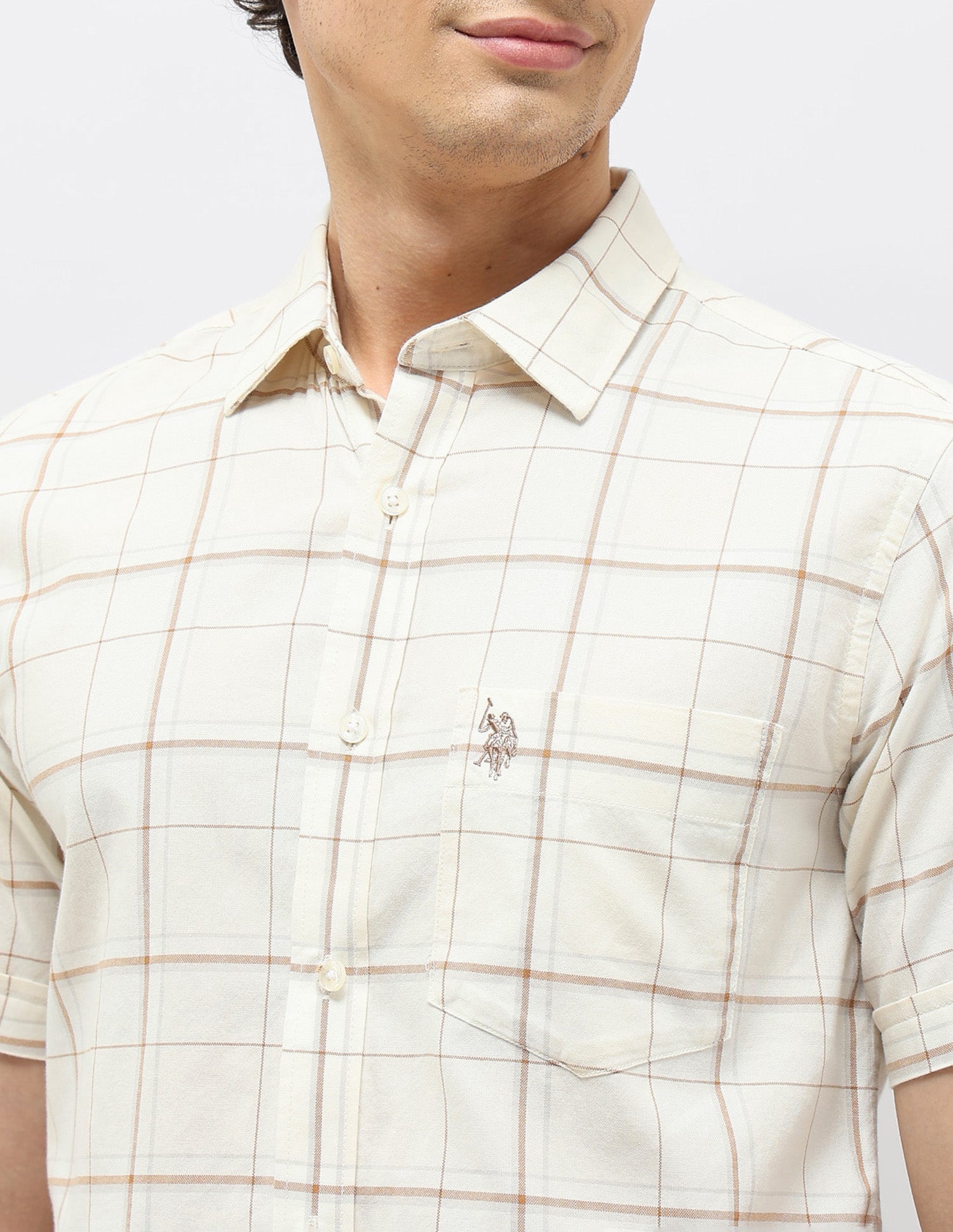 Windowpane Checked Tailored Fit Shirt Ivory - U.S. POLO ASSN. | Large
