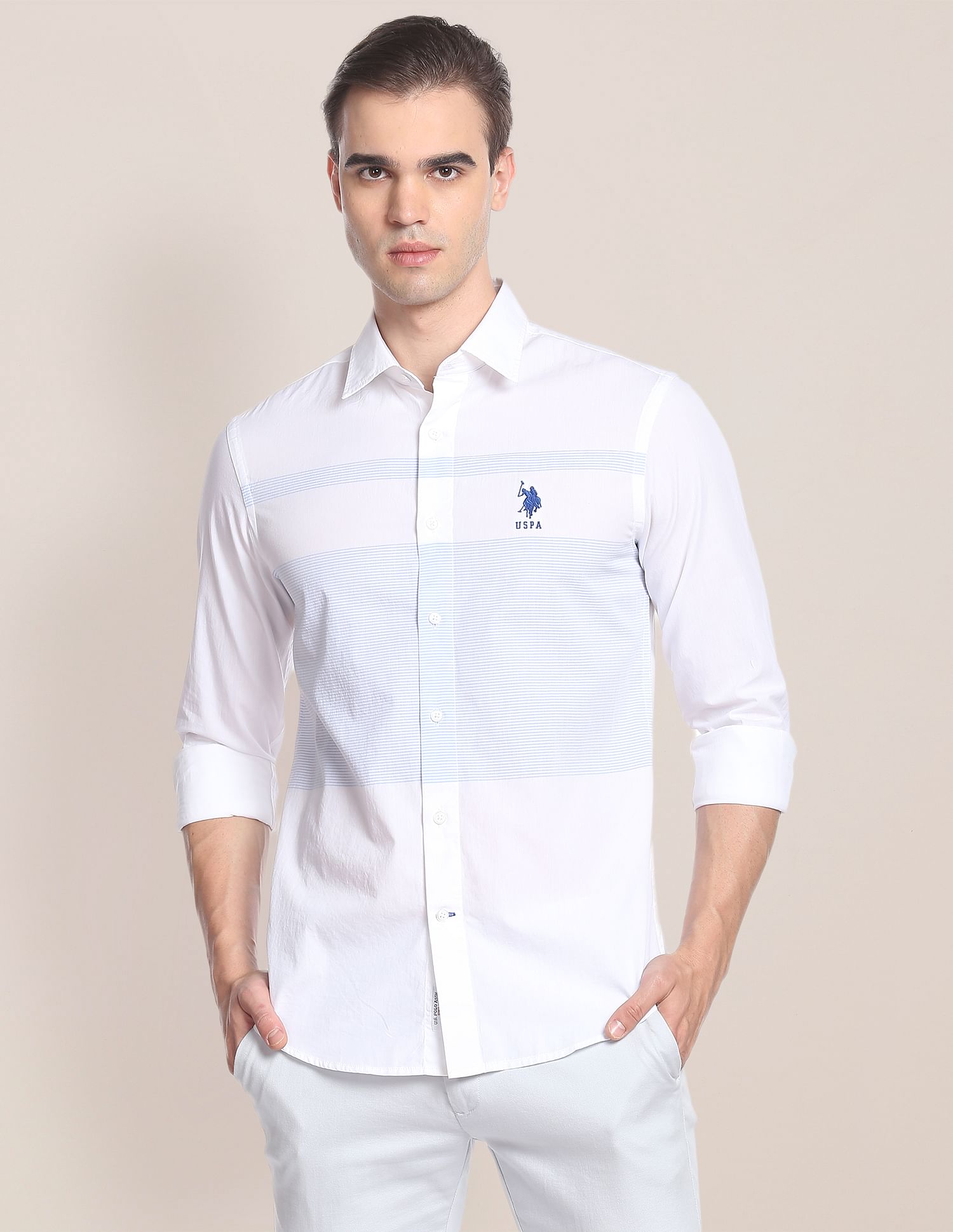 Signature Engineered Stripe Cotton Shirt White - U.S. Polo Assn. India | Large