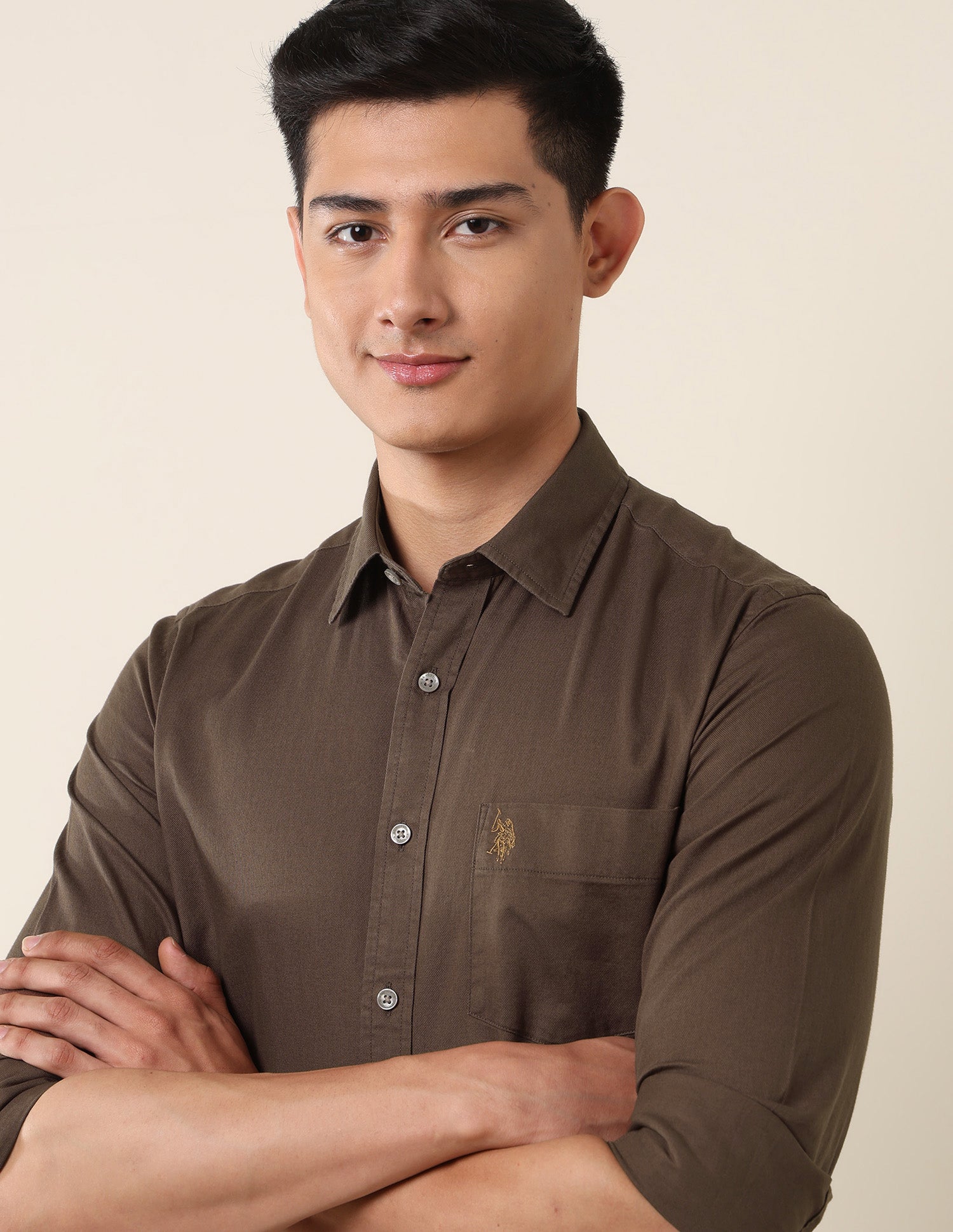 Pure Cotton Dobby Tailored Fit Shirt Brown - U.S. Polo Assn. India | Large