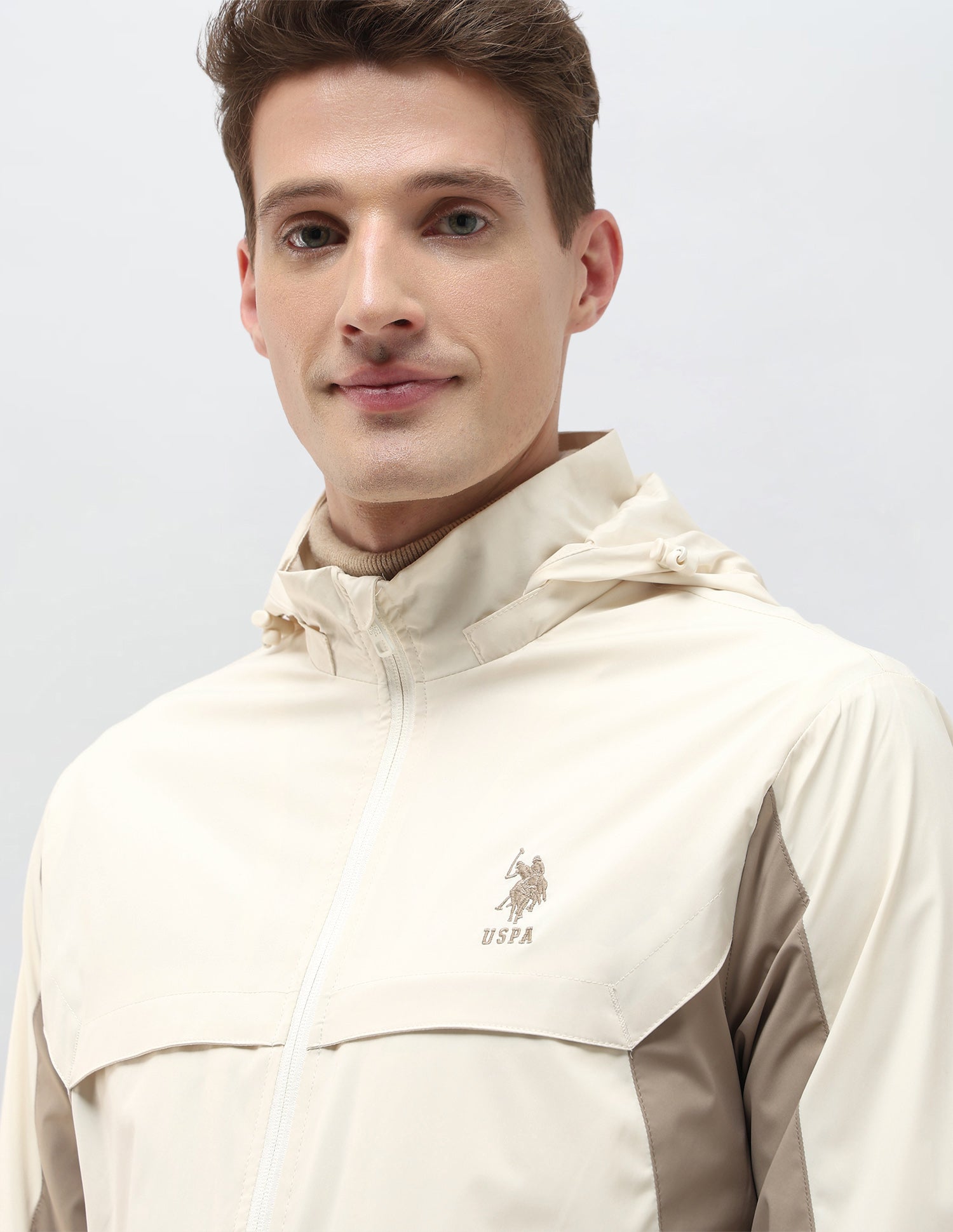 Packable Detachable Hood Colour Blocked Jacket Beige - U.S. Polo Assn. India | Large