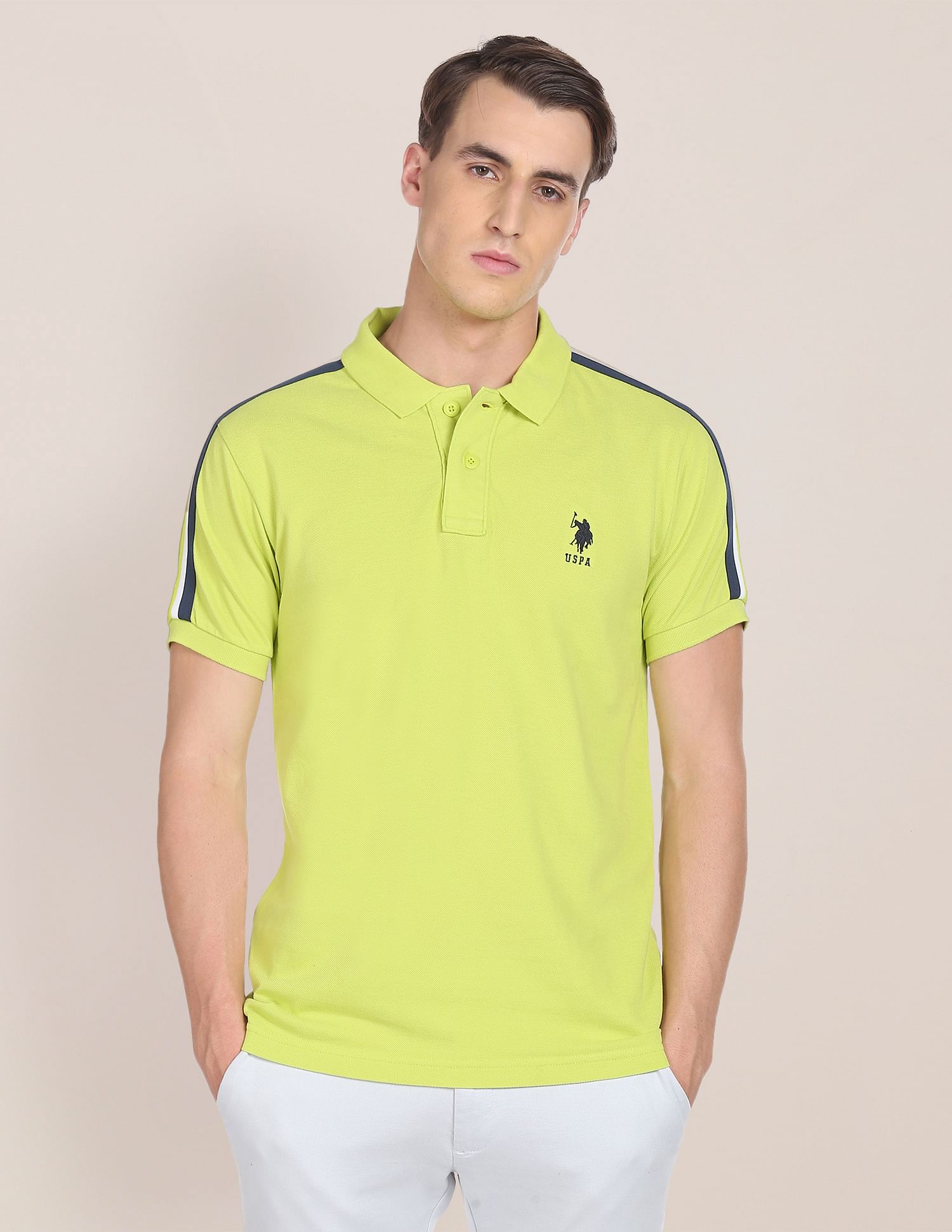 Striped Tape Solid Pure Cotton Polo Shirt Lime Green - U.S. Polo Assn. India | Large