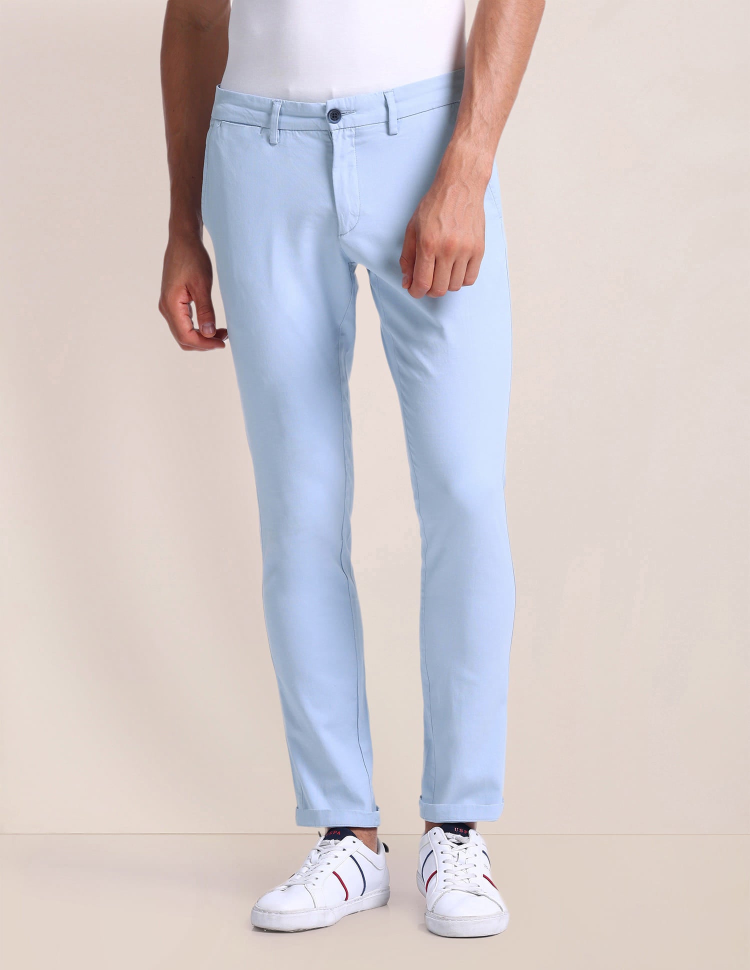 Slim Straight Fit Dobby Trousers Light Blue - U.S. Polo Assn. India | Large