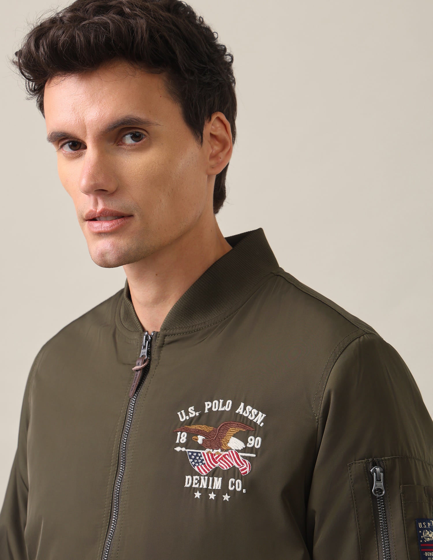 Stand Collar Brand Embroidered Polyester Bomber Jacket Olive - U.S. Polo Assn. India | Large