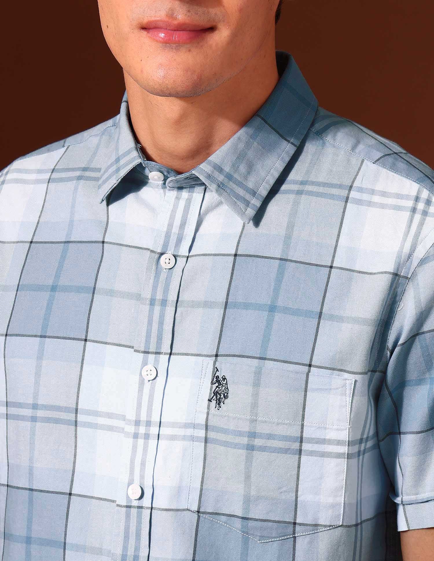 Plaid Checked Pure Cotton Shirt Light Blue - U.S. Polo Assn. India | Large
