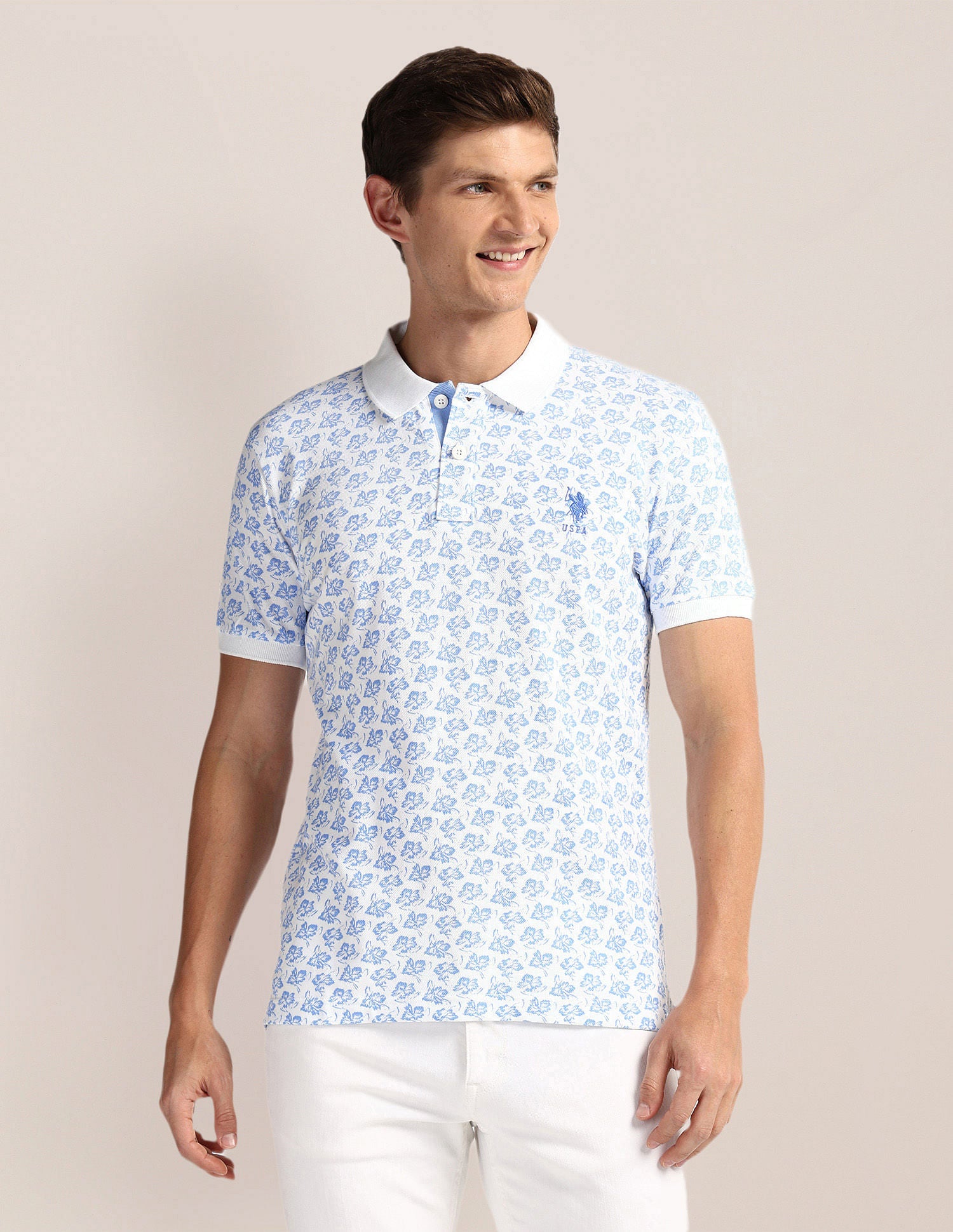 Pure Cotton Floral Polo Shirt Blue and White - U.S. POLO ASSN. | Large