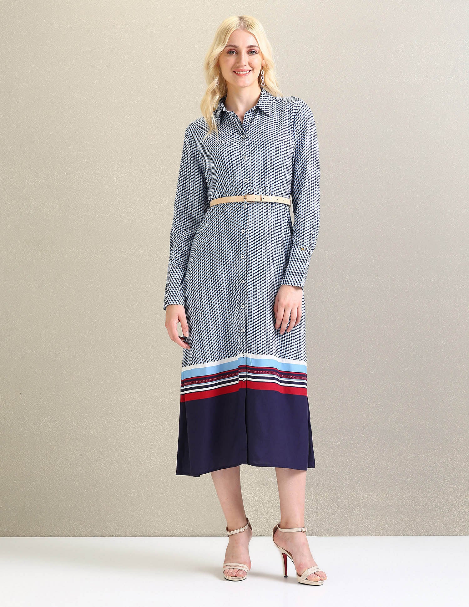 Geometric Print Viscose Shirt Dress Blue - U.S. Polo Assn. India | Large