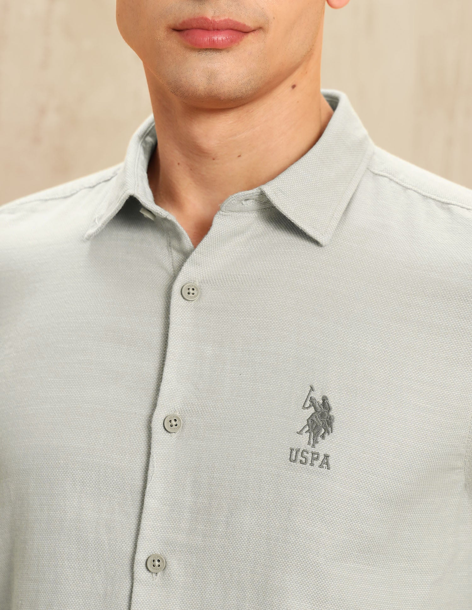 Textured Regular Fit Shirt Light Khaki - U.S. POLO ASSN. | Large