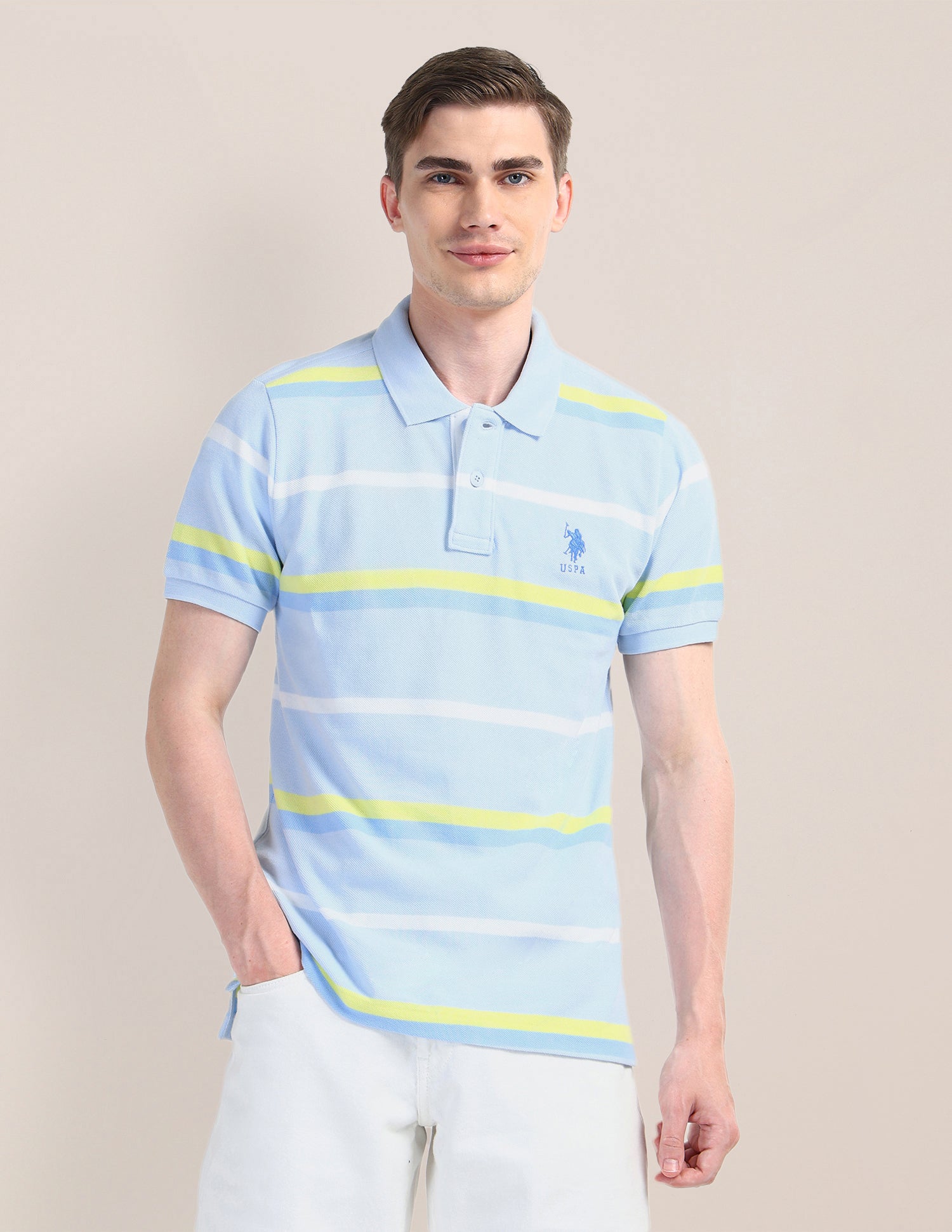 Horizontal Striped Slim Fit Polo Shirt Light-Blue - U.S. Polo Assn. India | Large
