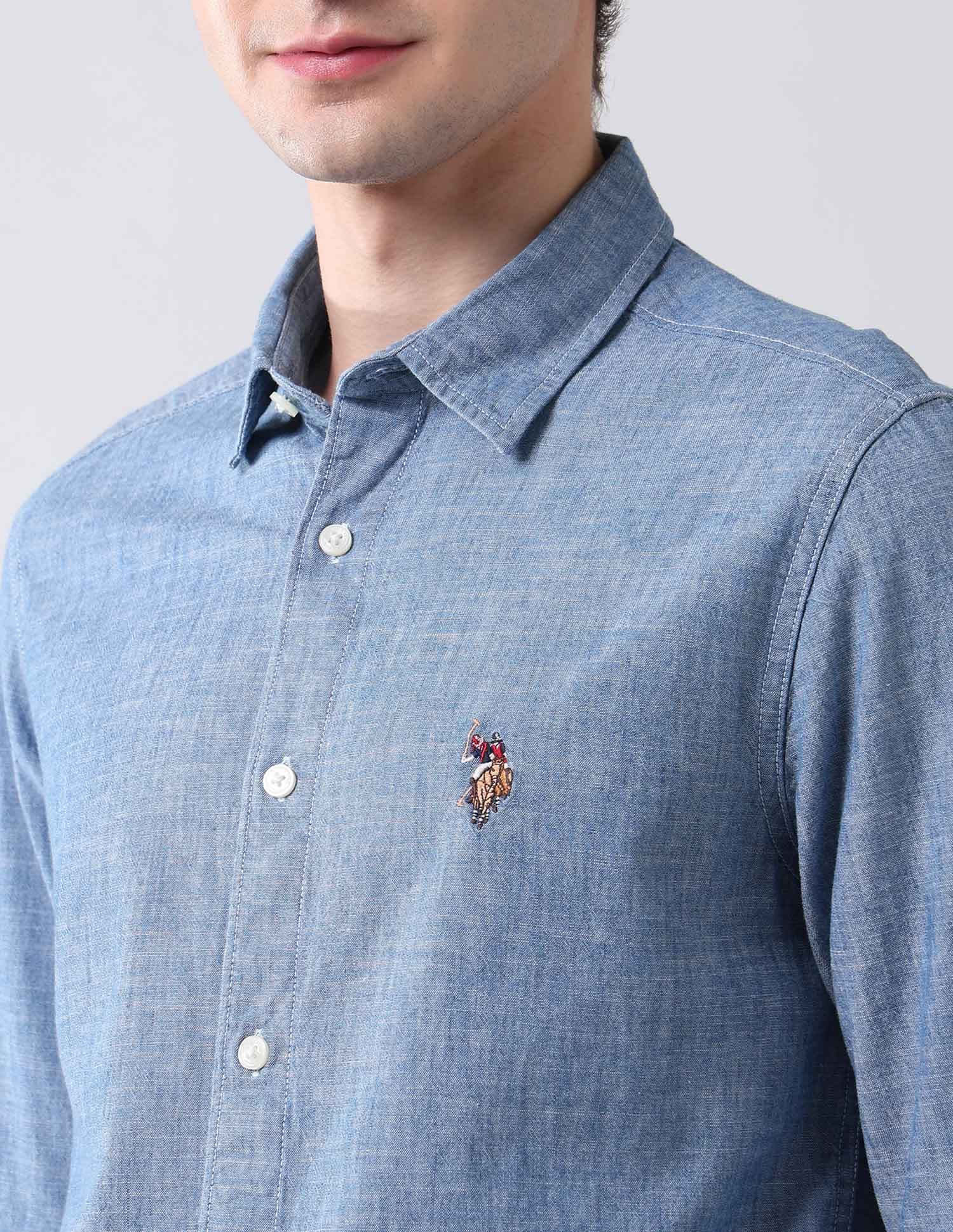 Solid Poplin Regular Fit Shirt Indigo - U.S. Polo Assn. India | Large