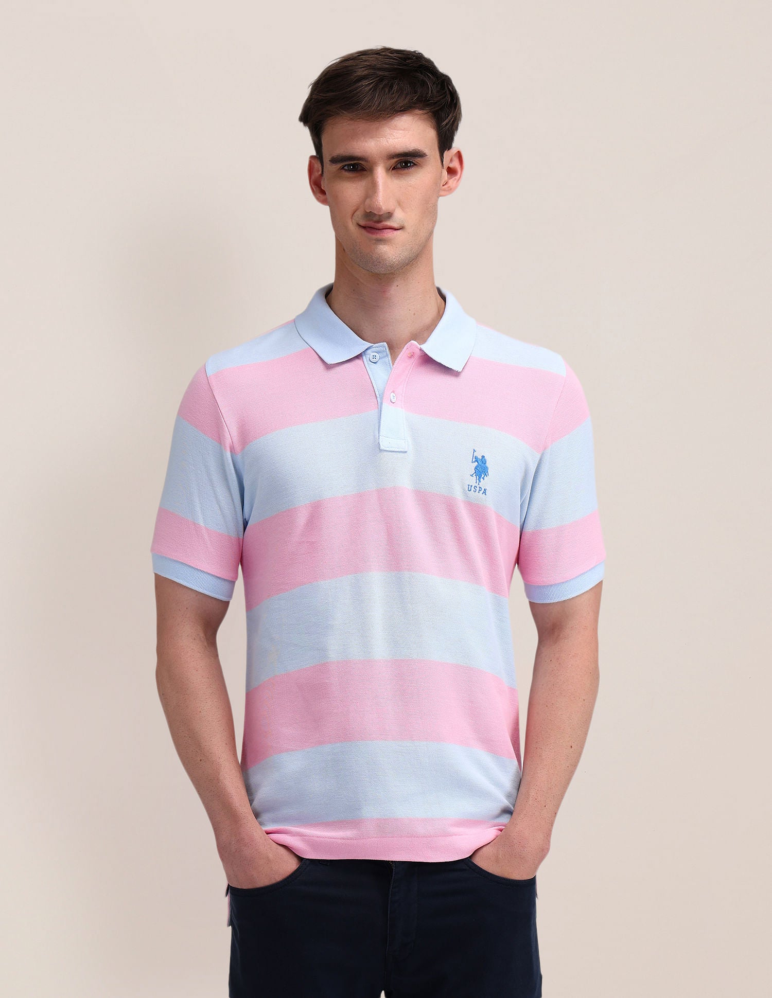 Slim Fit Horizontal Striped Polo Shirt Light-Blue - U.S. Polo Assn. India | Large