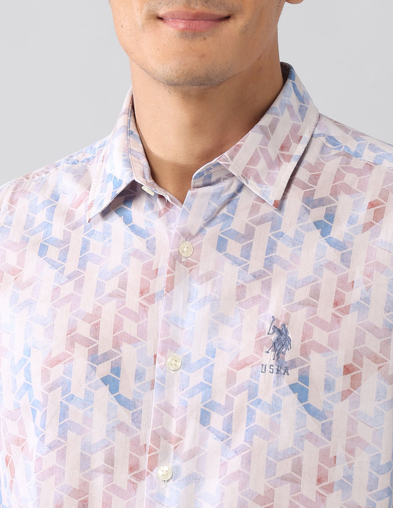 Geometric Printed Satin Regular Fit Shirt Blue - U.S. Polo Assn. India | Large