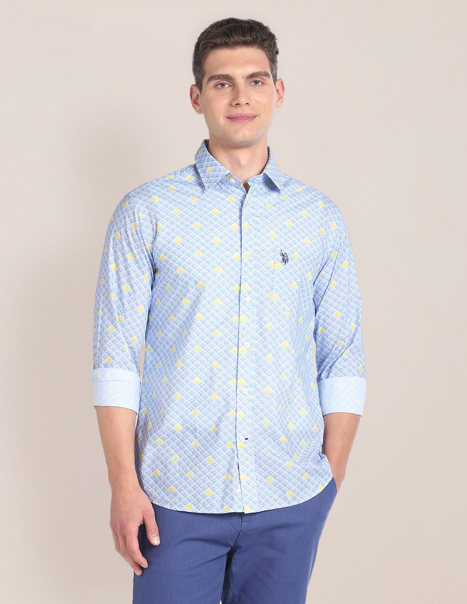 Geometric Print Cotton Shirt Blue - U.S. POLO ASSN. | Large