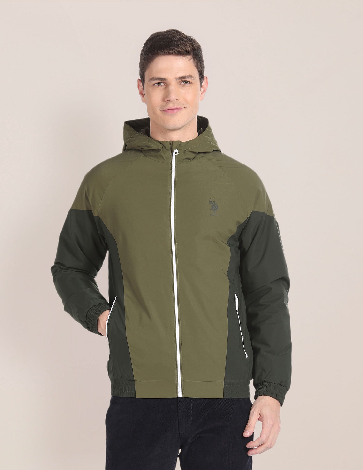 Colour Block Logo Hooded Jacket Olive - U.S. POLO ASSN. | Large