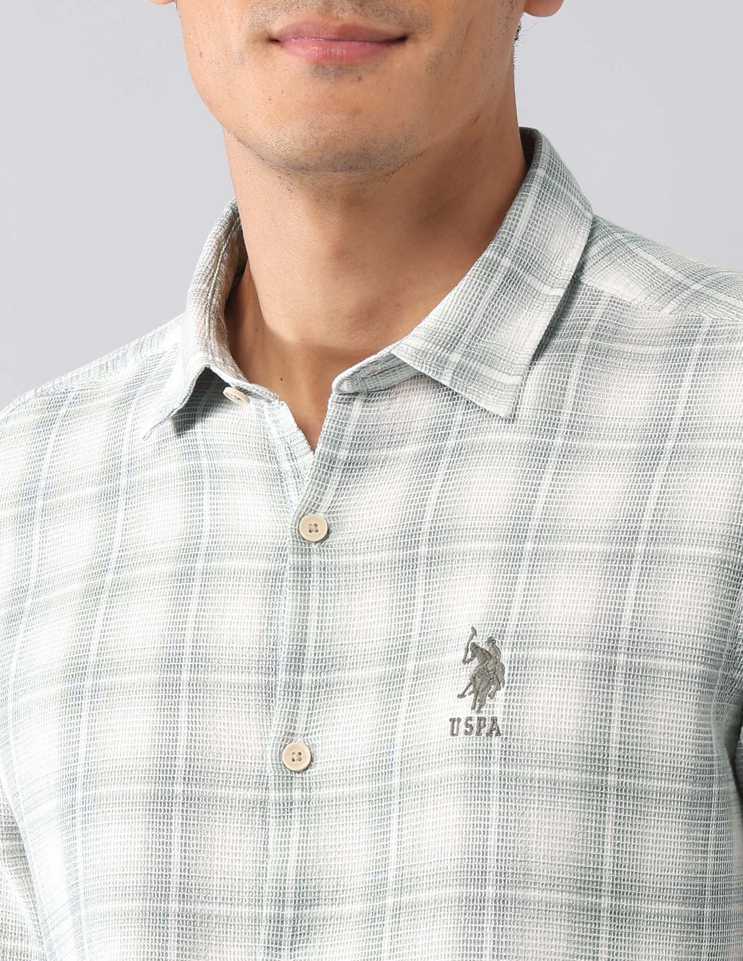 Tartan Checked Dobby Regular Fit Shirt Light Green - U.S. Polo Assn. India | Large