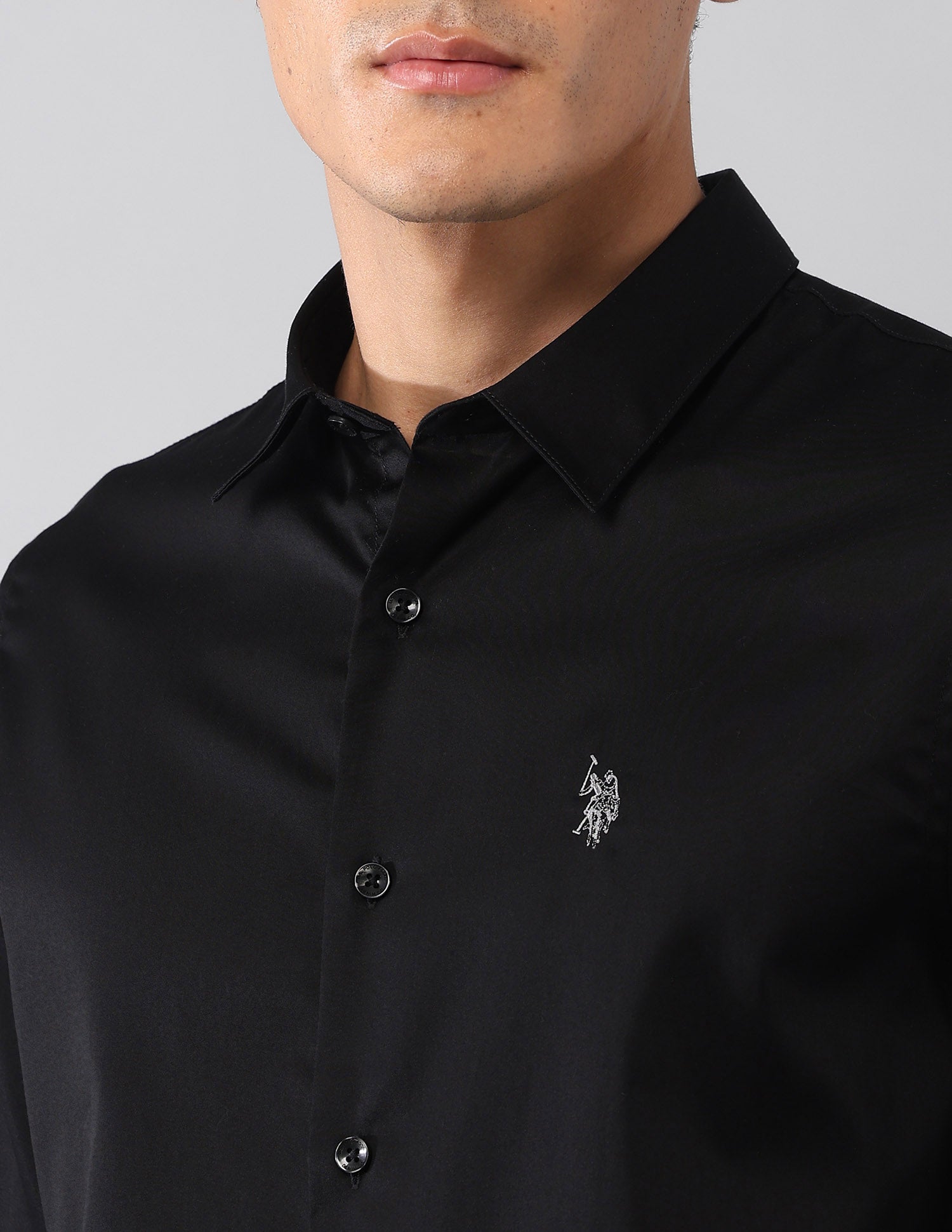 Solid Satin Regular Fit Shirt Black - U.S. Polo Assn. India | Large