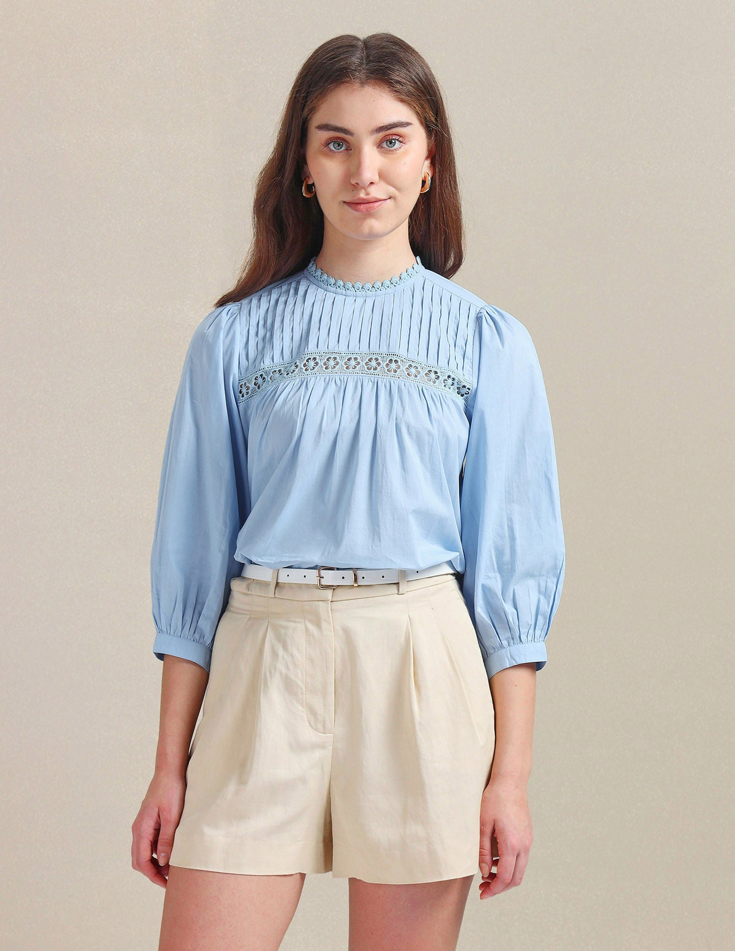 Lace Detail Cotton Top Light Blue - U.S. POLO ASSN. | Large