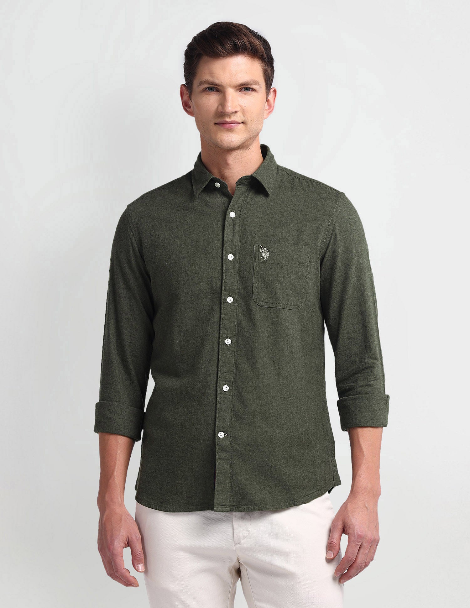 Semi Cutaway Collar Slim Fit Shirt Olive - U.S. Polo Assn. India | Large