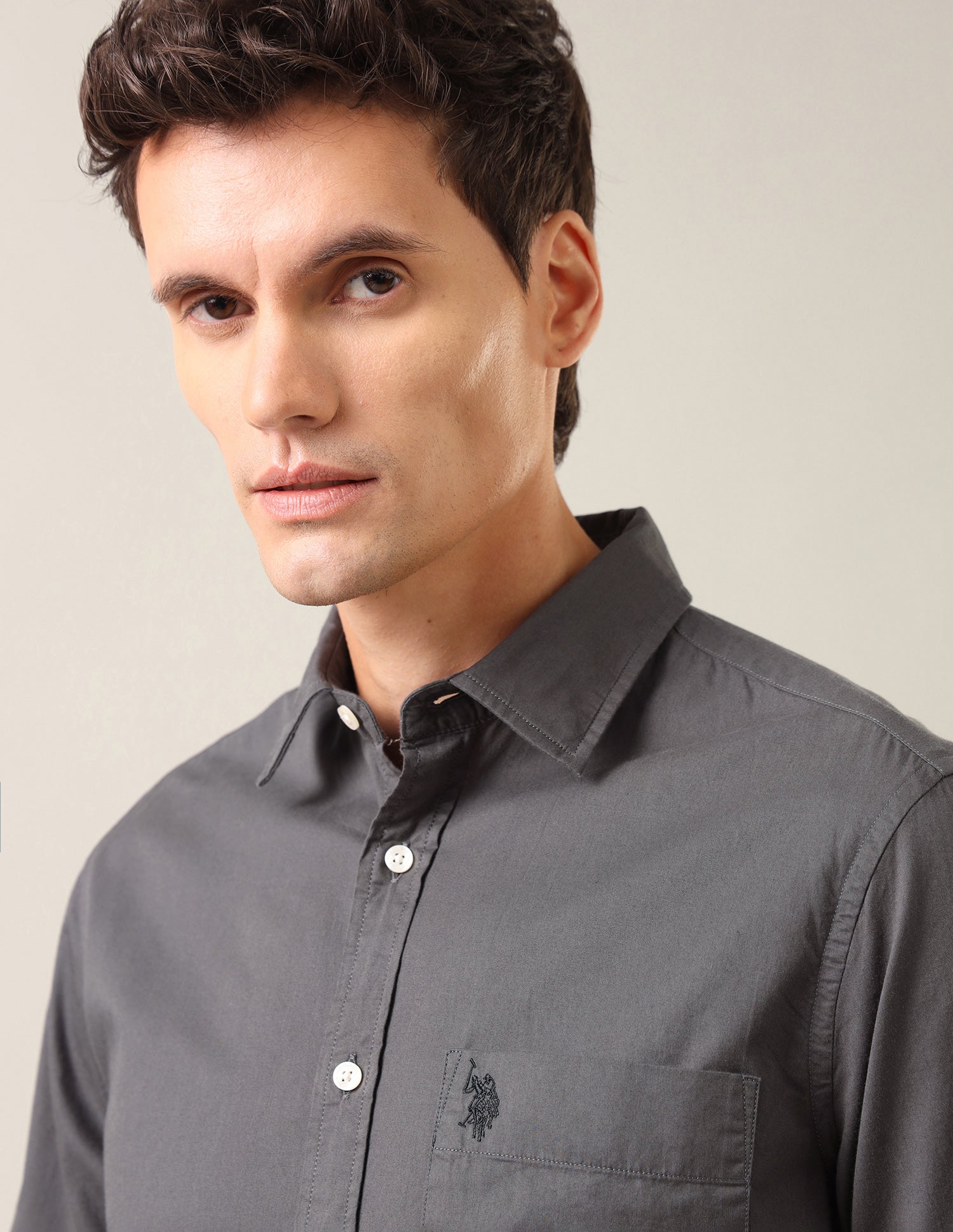 Twill Tailored Fit Shirt Mid Grey - U.S. Polo Assn. India | Large