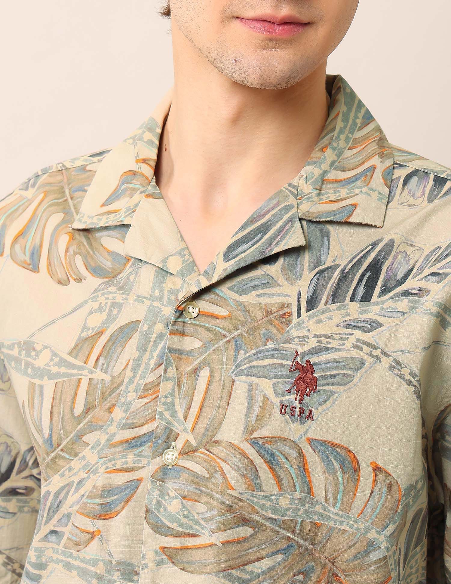 Tropical Printed Cuban Shirt Khaki - U.S. Polo Assn. India | Large