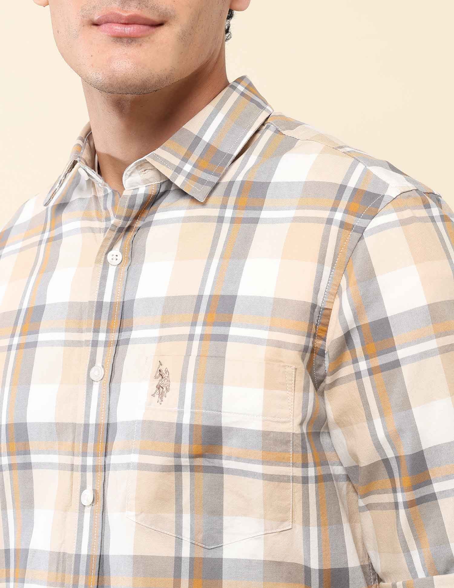 Plaid Checked Pure Cotton Shirt Beige - U.S. Polo Assn. India | Large