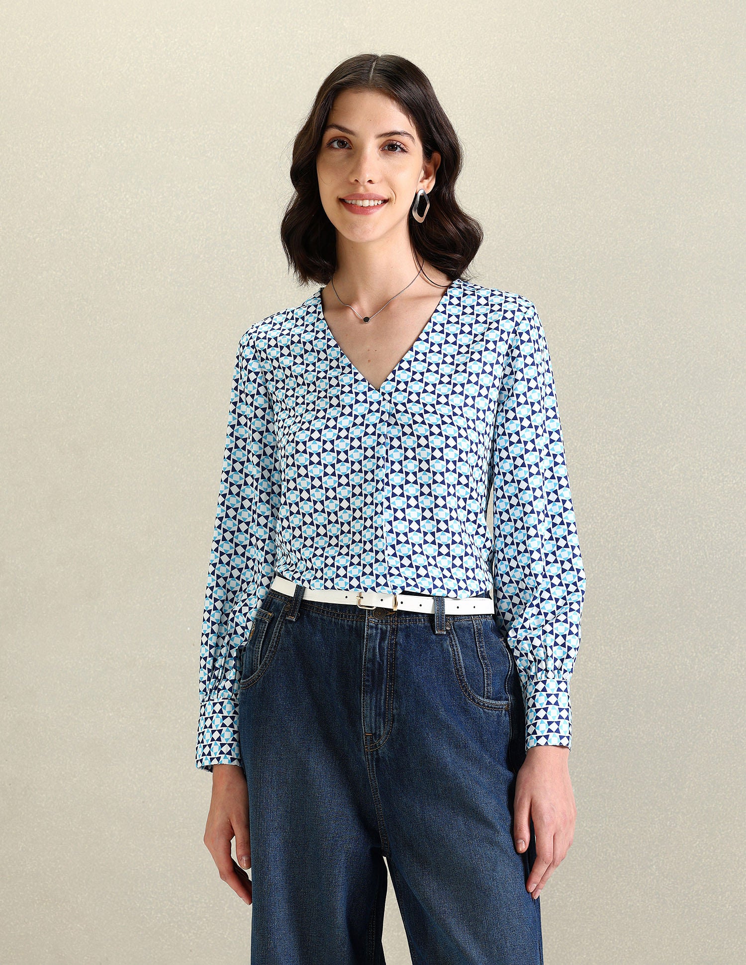 V-Neck Geometric Print Top Blue - U.S. Polo Assn. India | Large