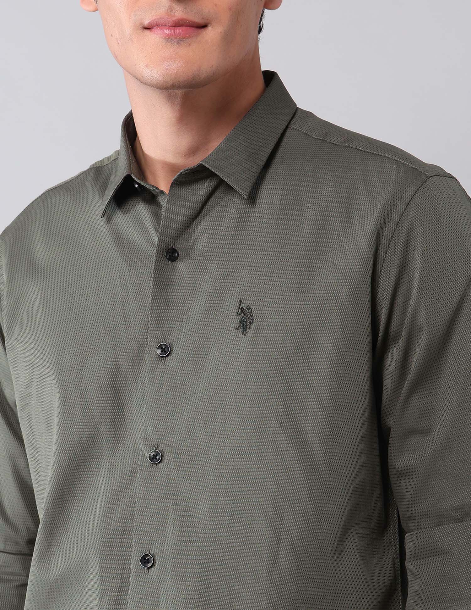 Pure Cotton Regular Fit Dobby Shirt Olive - U.S. Polo Assn. India | Large
