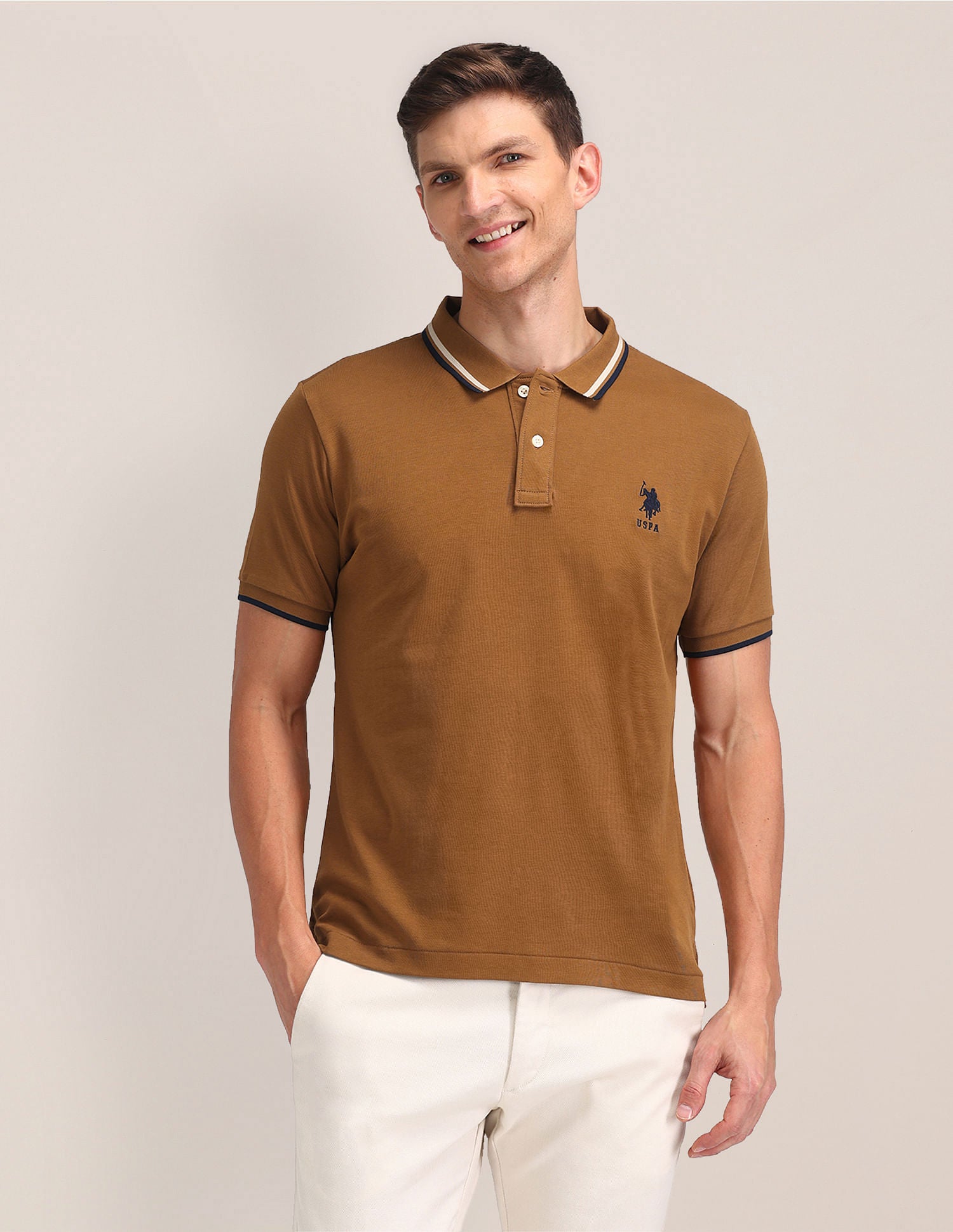 Solid Pure Cotton Slim Fit Polo Shirt Brown - U.S. POLO ASSN. | Large